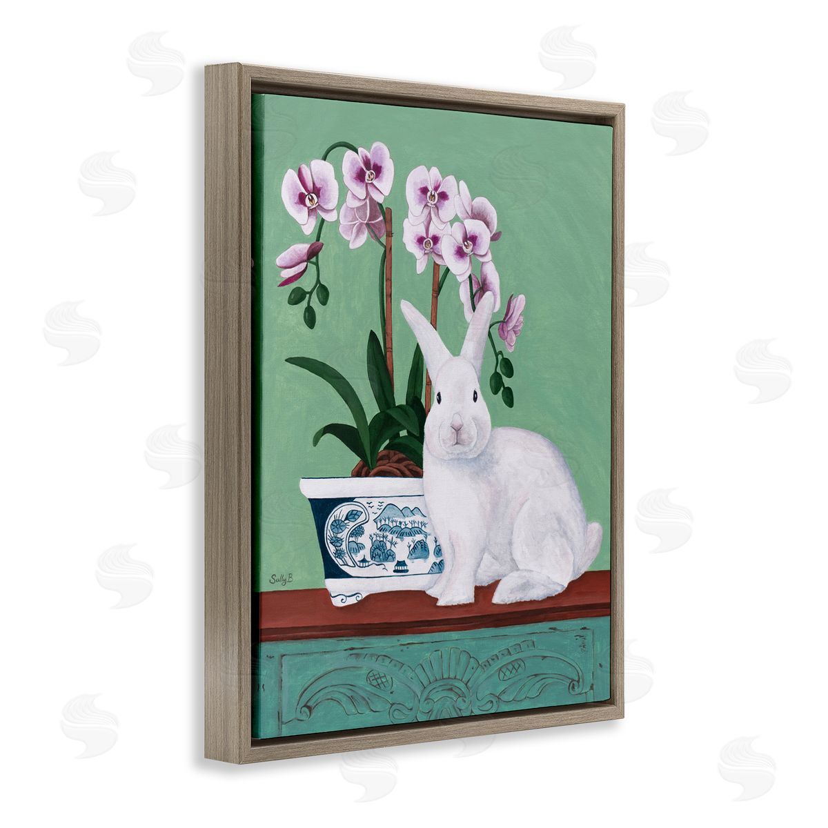 Rabbit and Flowers Pink Green Brown Floating Frame Canvas Wall Art, Home Decor by Sally B