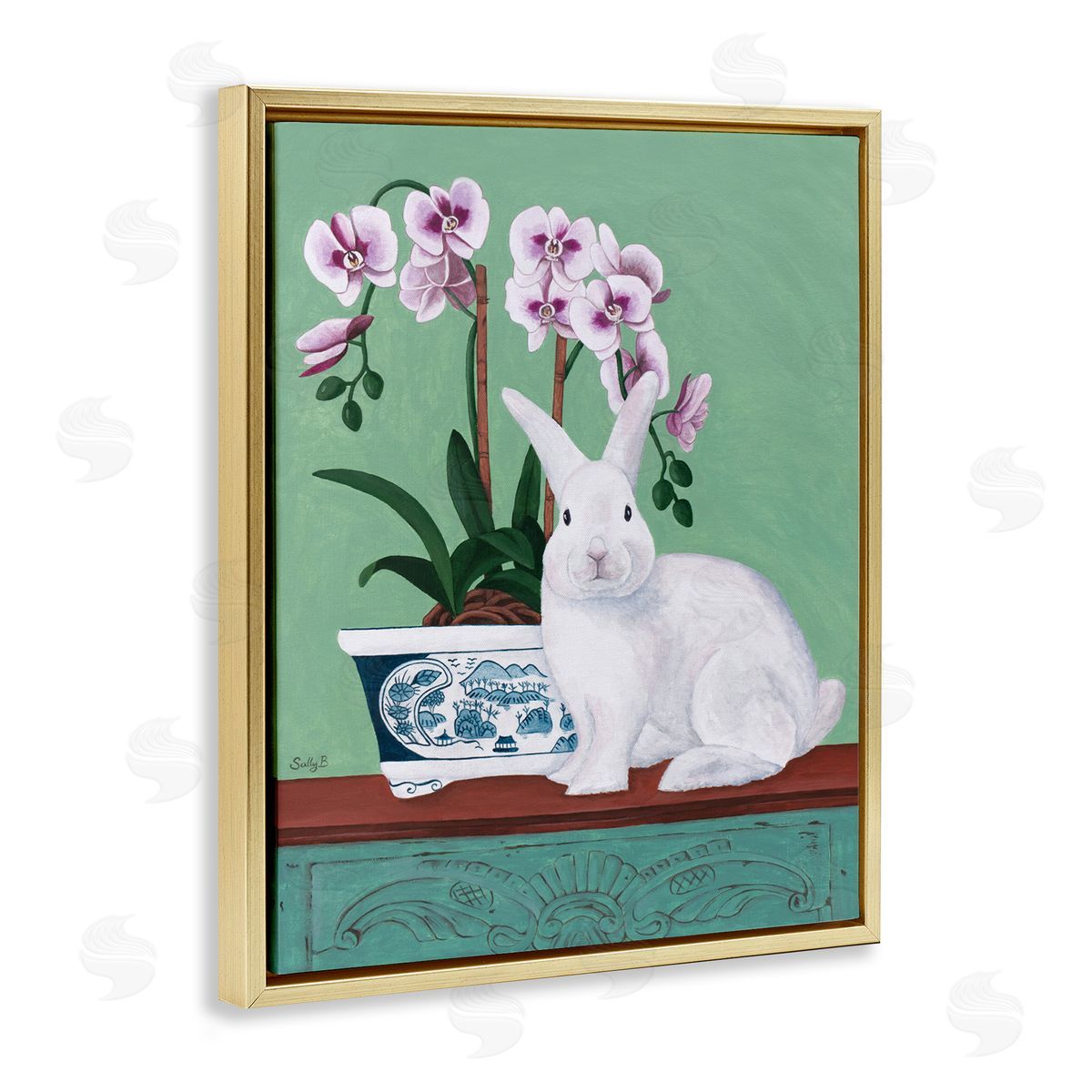 Rabbit and Flowers Pink Green Gold Floating Frame Canvas Wall Art, Home Decor by Sally B