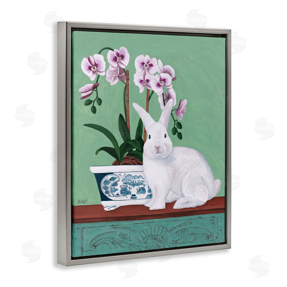 Rabbit and Flowers Pink Green Grey Floating Frame Canvas Wall Art, Home Decor by Sally B