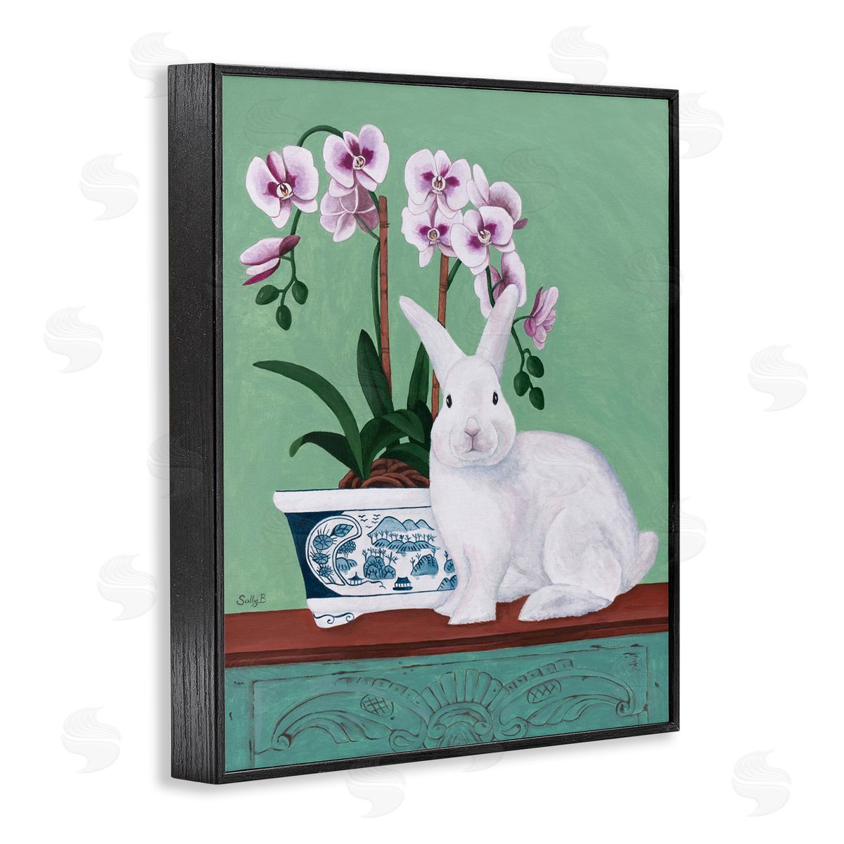 Rabbit and Flowers Pink Green Black Frame Print Wall Art, Home Decor by Sally B