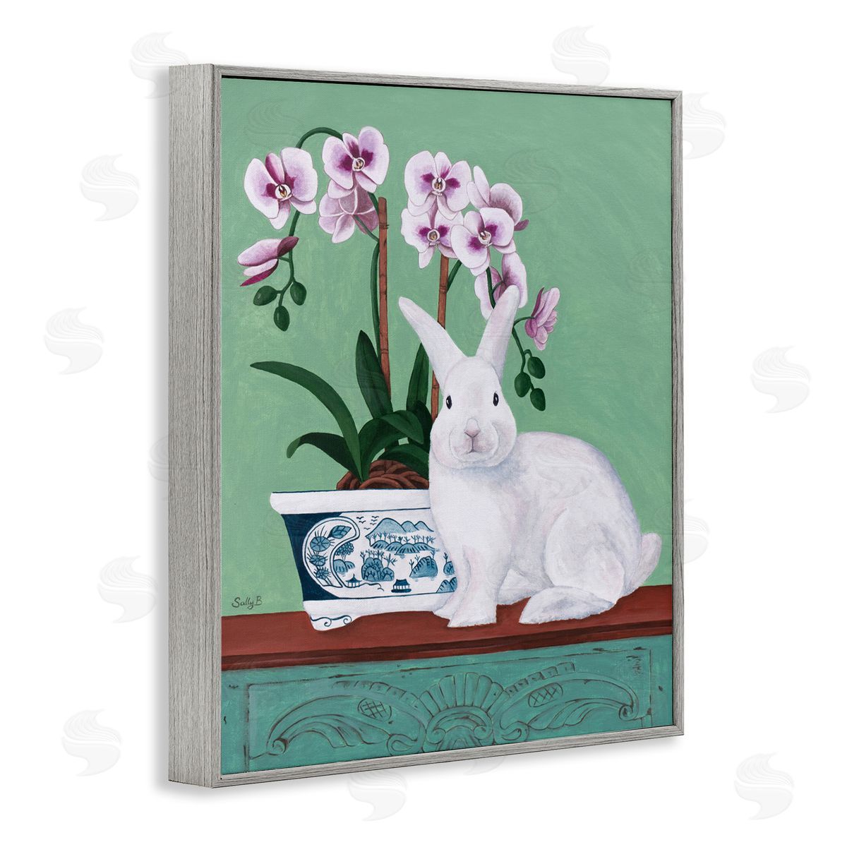 Rabbit and Flowers Pink Green Grey Frame Print Wall Art, Home Decor by Sally B