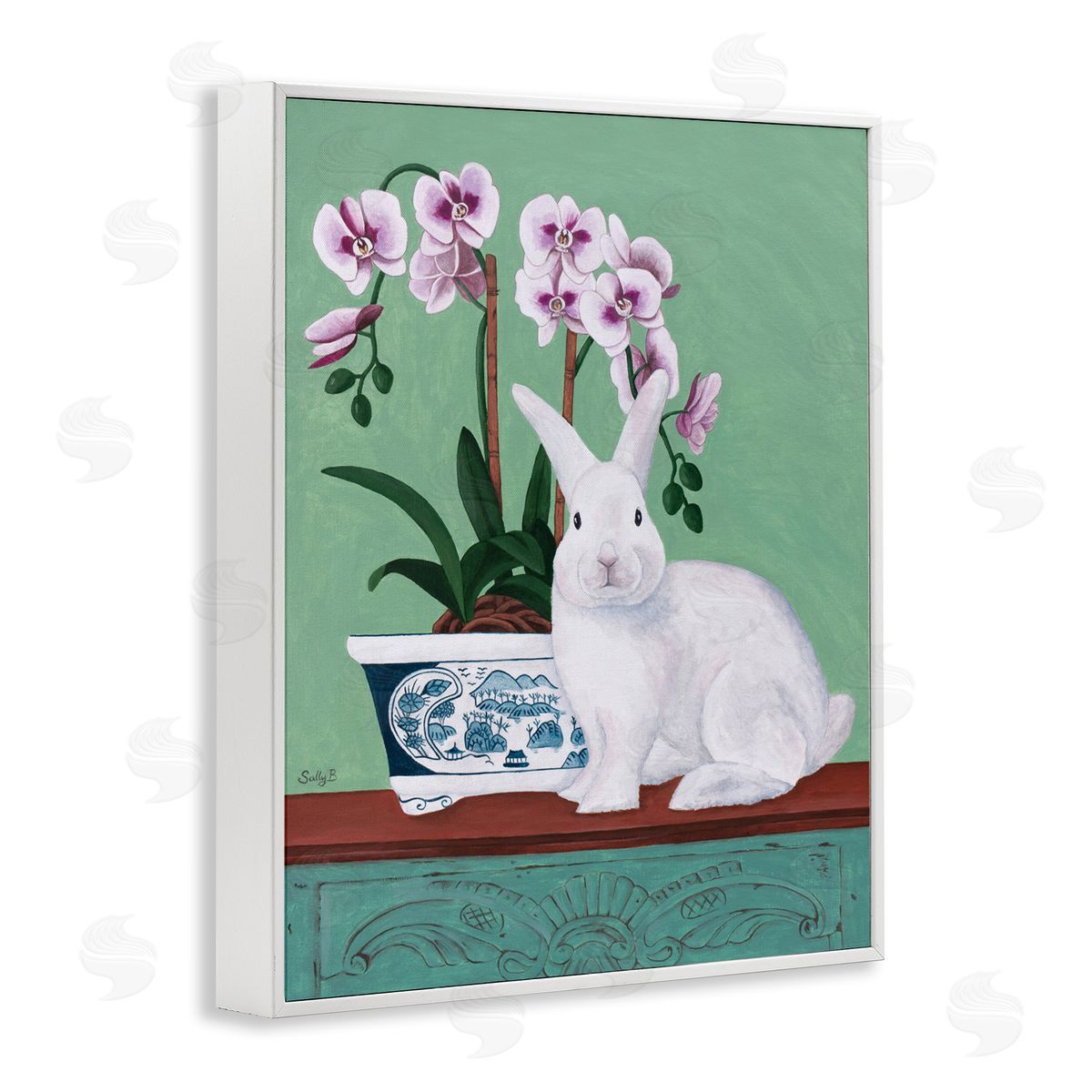 Rabbit and Flowers Pink Green White Frame Print Wall Art, Home Decor by Sally B