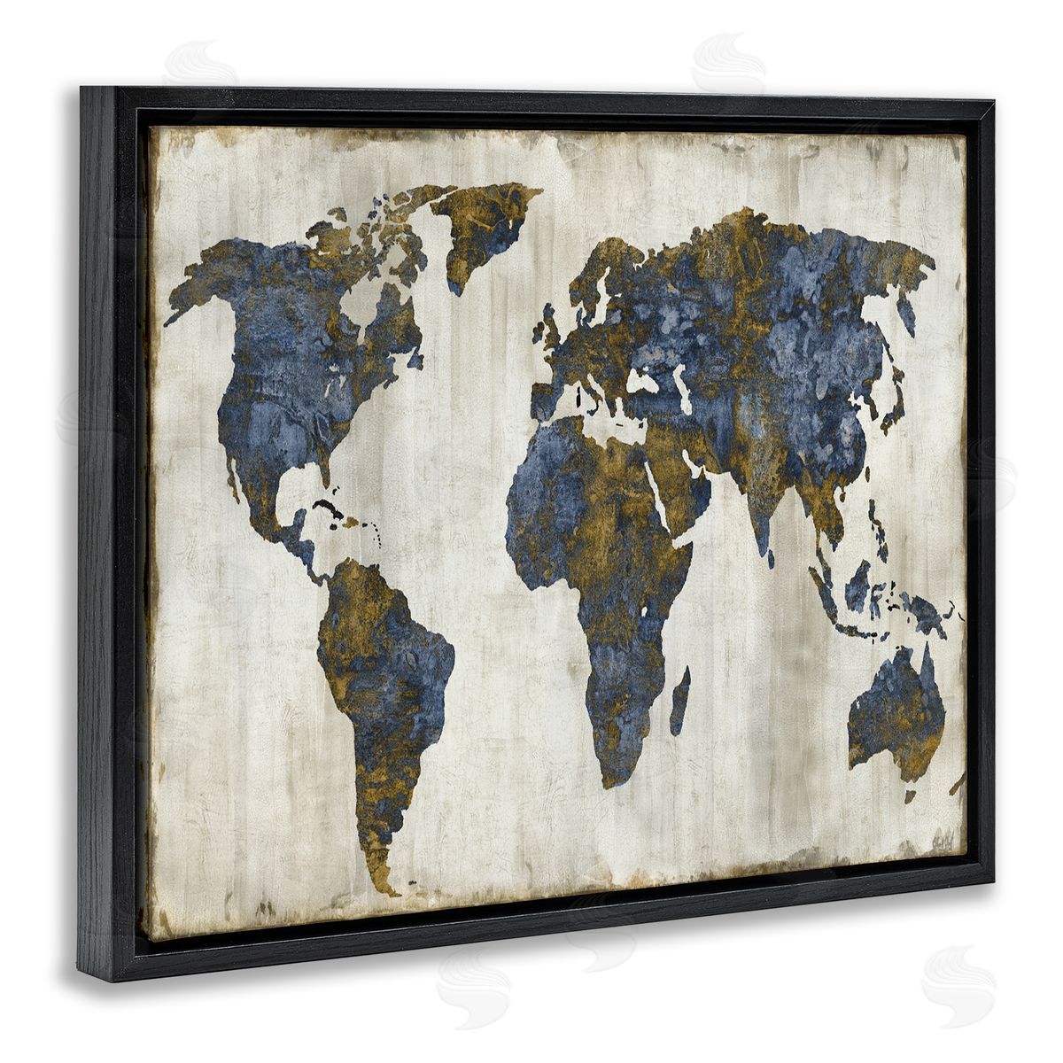 Gold Blue World Map Black Floating Frame Canvas Wall Art, Home Decor by Russell Brennan
