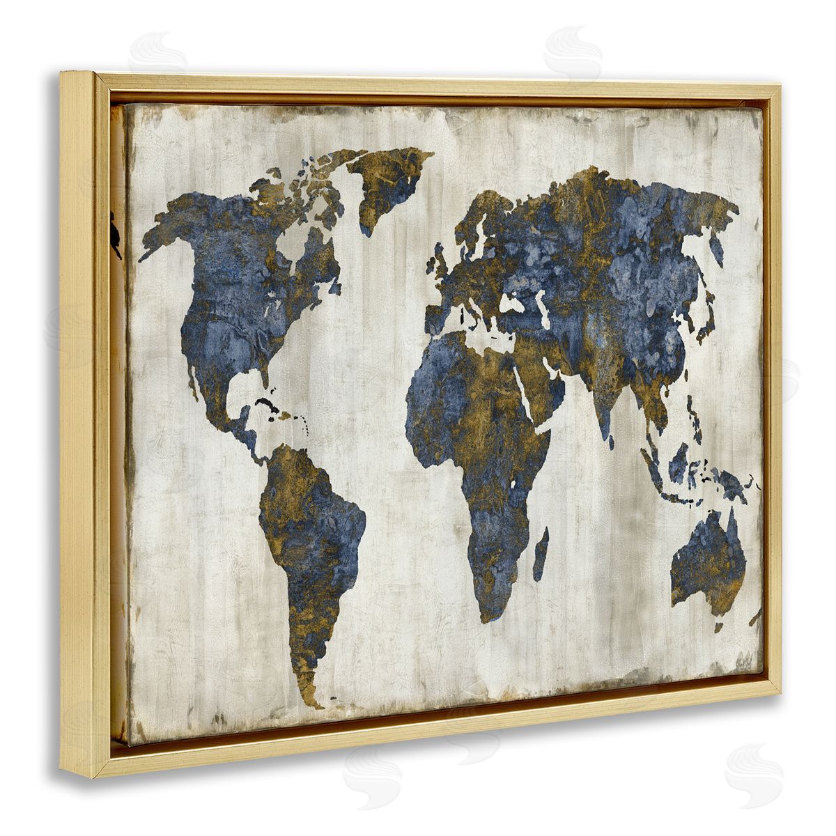 Gold Blue World Map Gold Floating Frame Canvas Wall Art, Home Decor by Russell Brennan