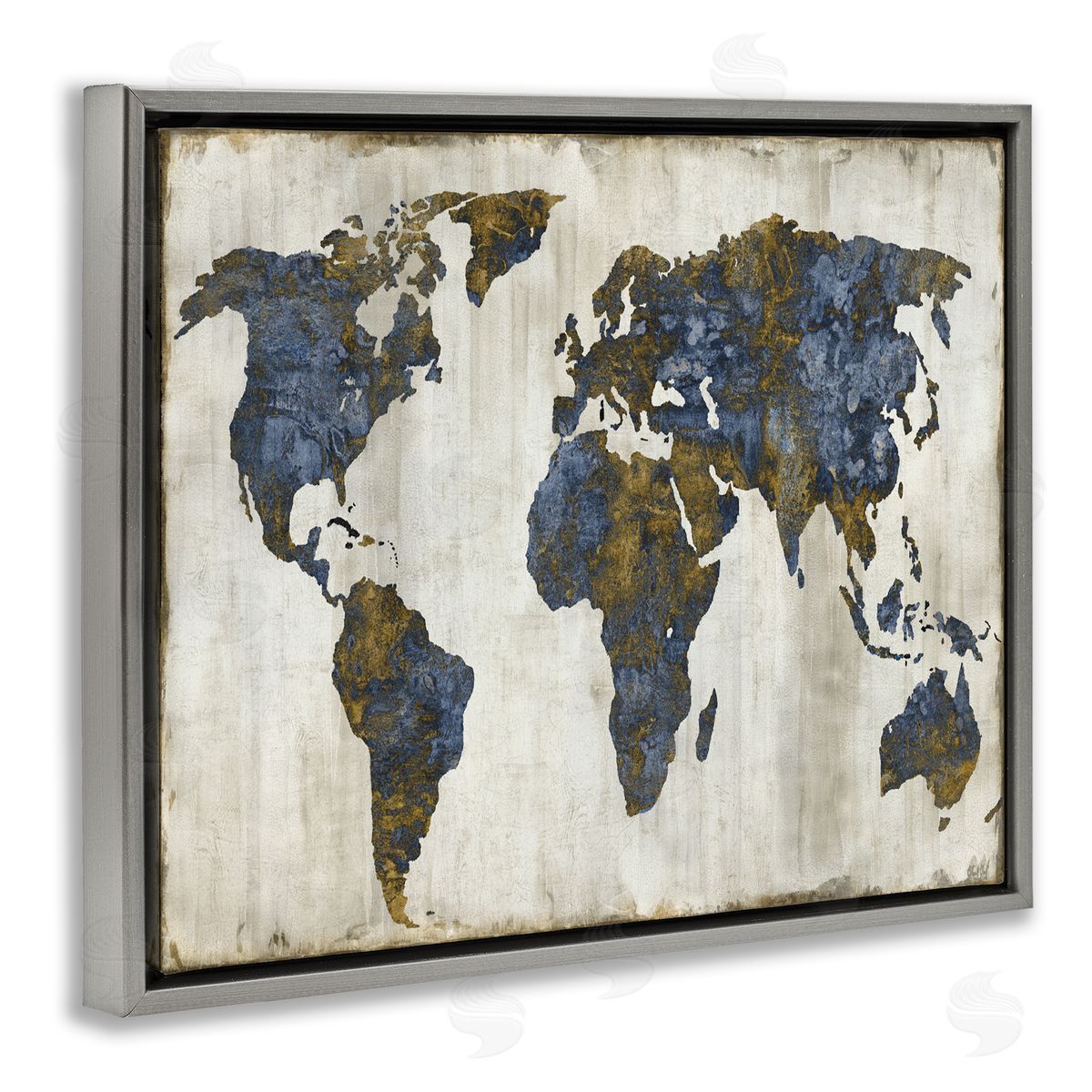 Gold Blue World Map Grey Floating Frame Canvas Wall Art, Home Decor by Russell Brennan