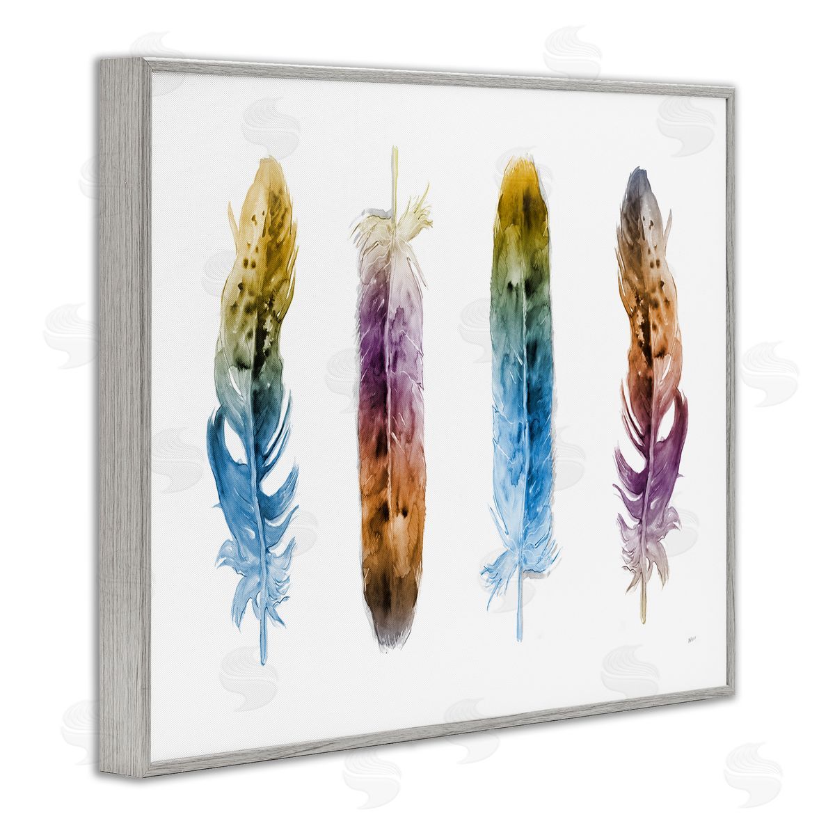 Feathers In Watercolor Grey Frame Print Wall Art, Home Decor by Patti Mann