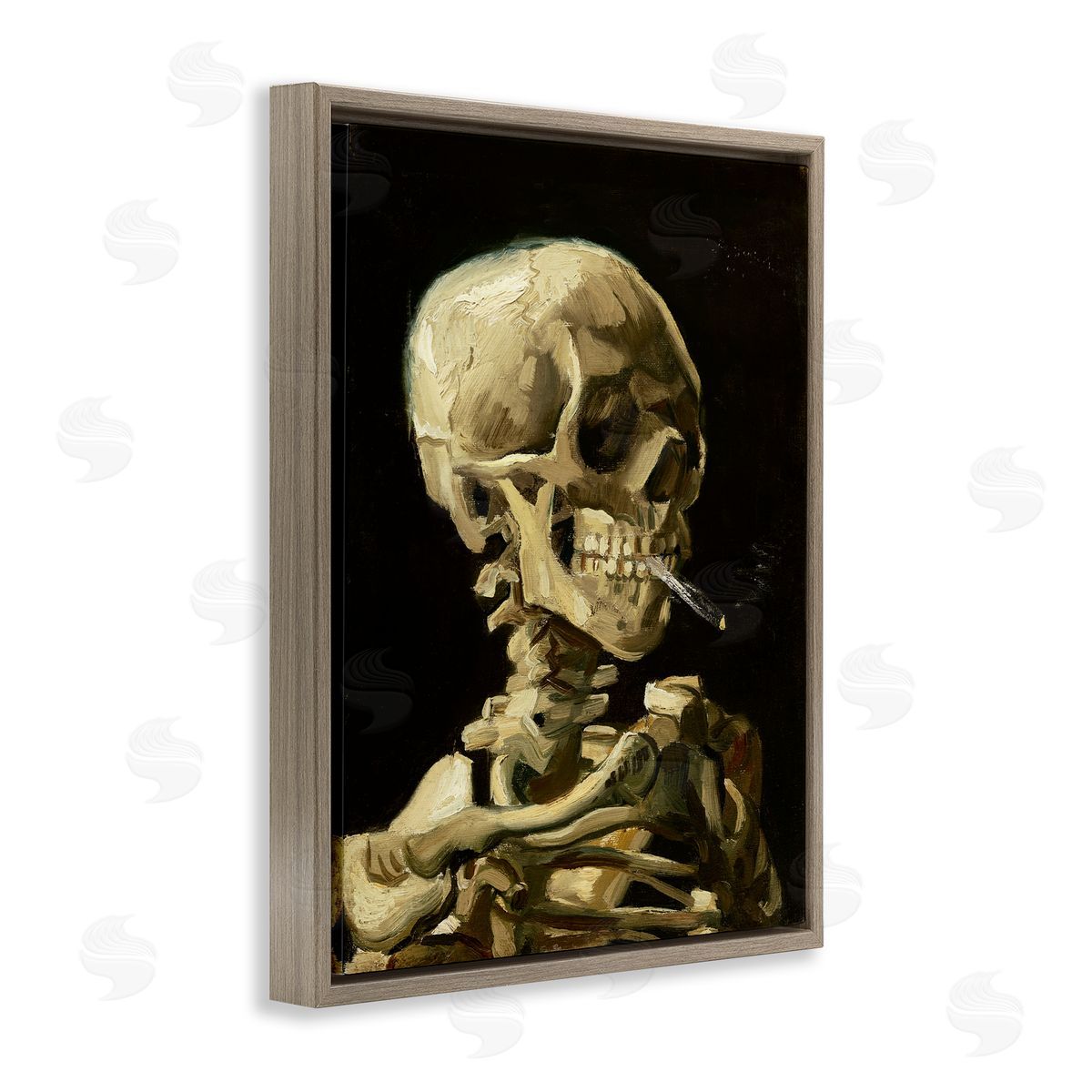 Skull with Burning Cigarette Brown Floating Frame Canvas Wall Art, Home Decor by Vincent Van Gogh