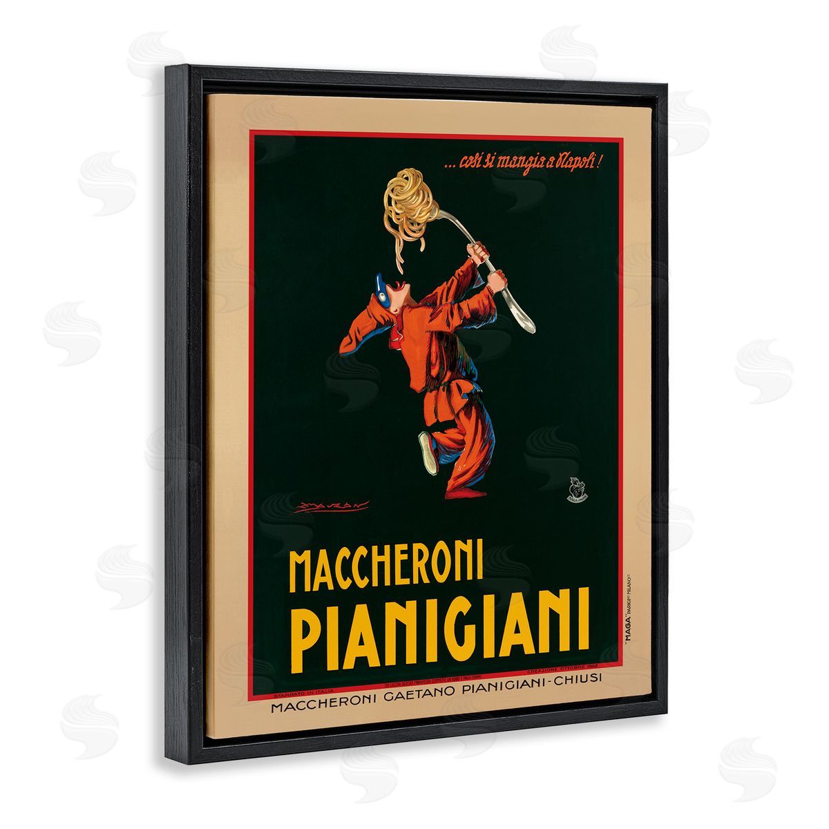 Maccheroni Pianigiani Vintage Poster Black Floating Frame Canvas Wall Art, Home Decor by Marcello Dudovich