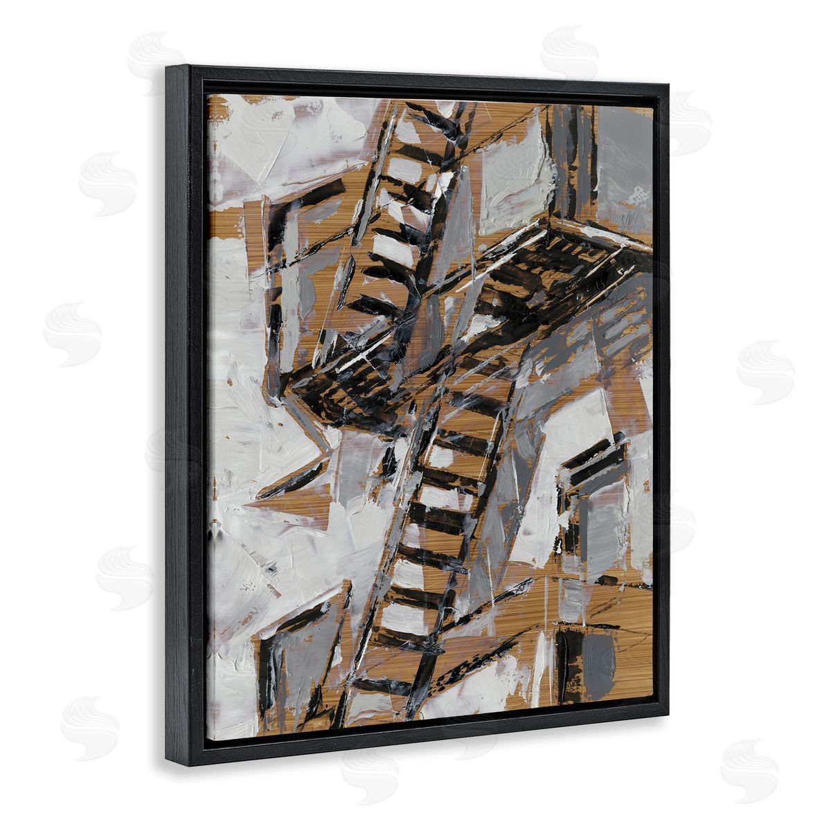 Abstract Fire Escape City Painting Black Floating Frame Canvas Wall Art, Home Decor by Ethan Harper