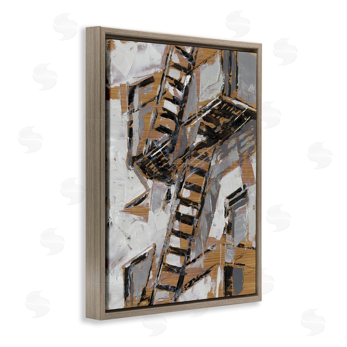 Abstract Fire Escape City Painting Brown Floating Frame Canvas Wall Art, Home Decor by Ethan Harper
