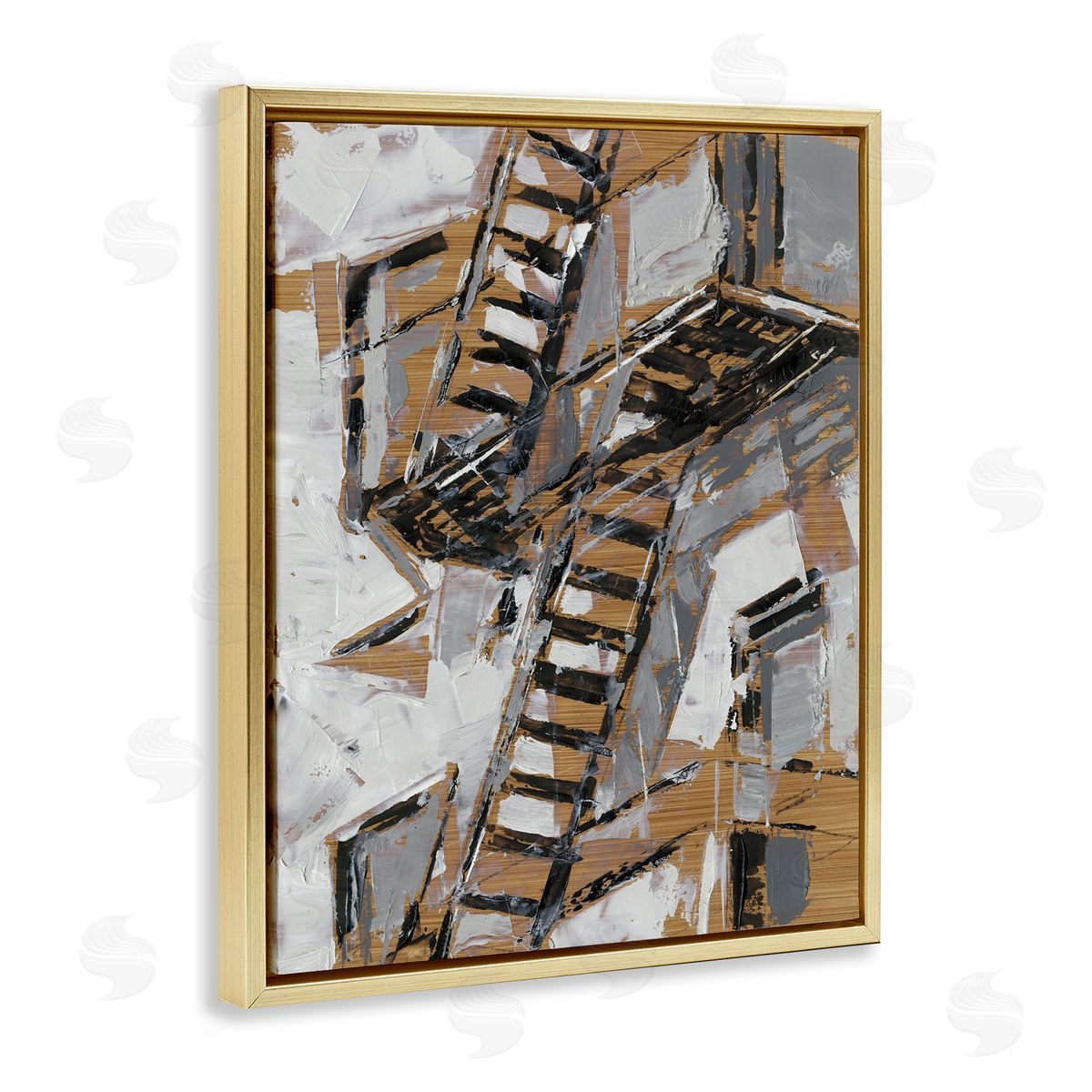 Abstract Fire Escape City Painting Gold Floating Frame Canvas Wall Art, Home Decor by Ethan Harper
