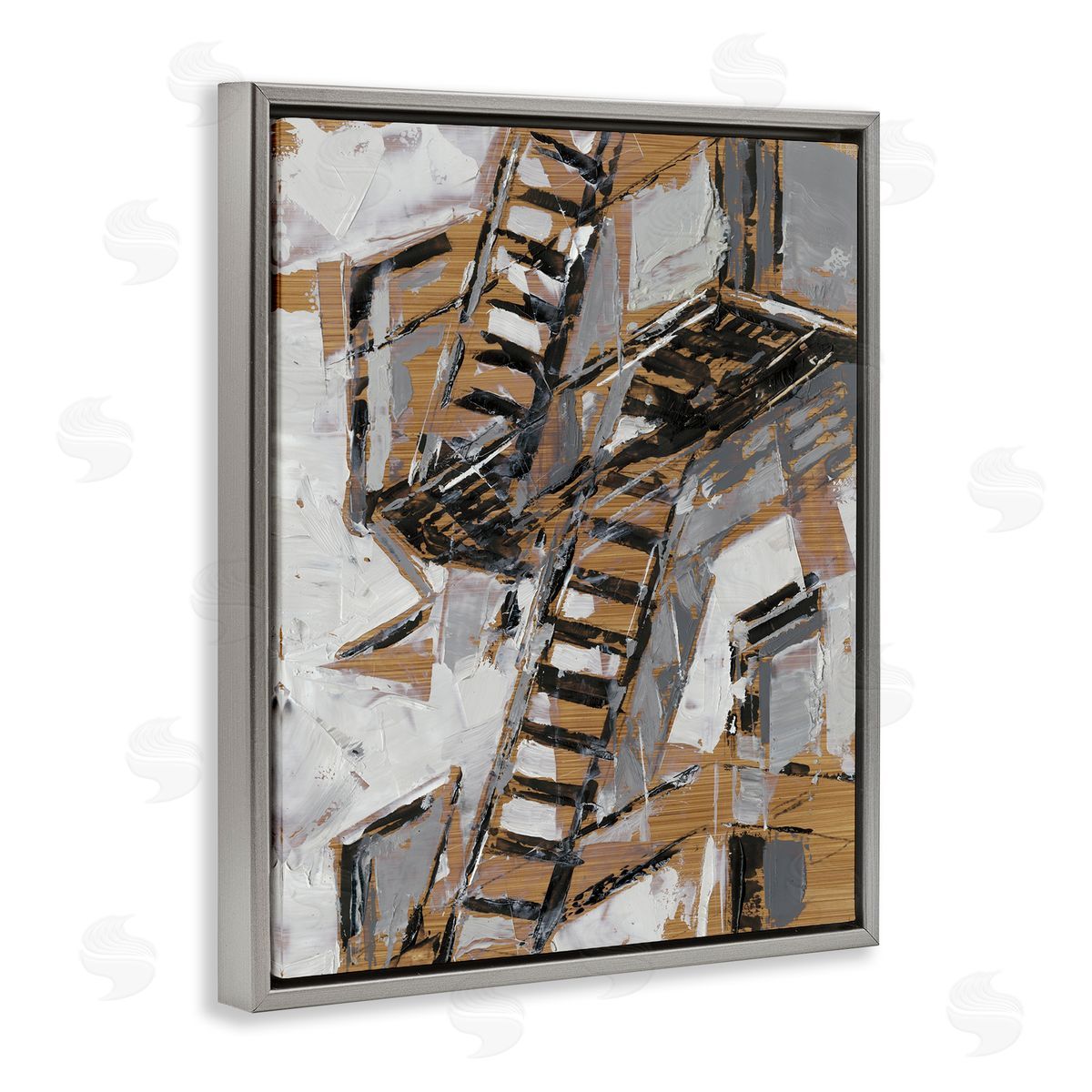Abstract Fire Escape City Painting Grey Floating Frame Canvas Wall Art, Home Decor by Ethan Harper