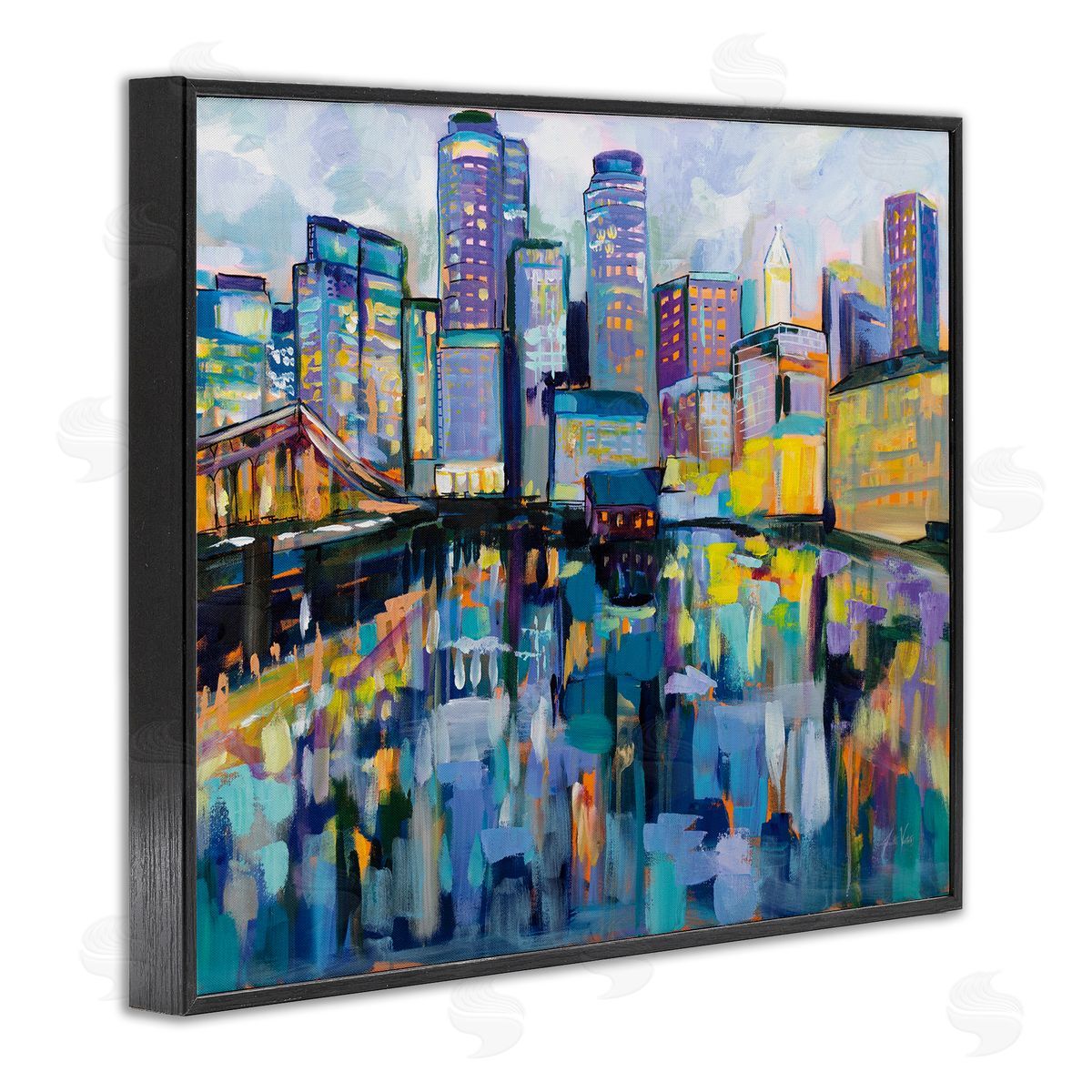 Boston Harbor Cityscape Painting Black Frame Print Wall Art, Home Decor by Jeanette Vertentes
