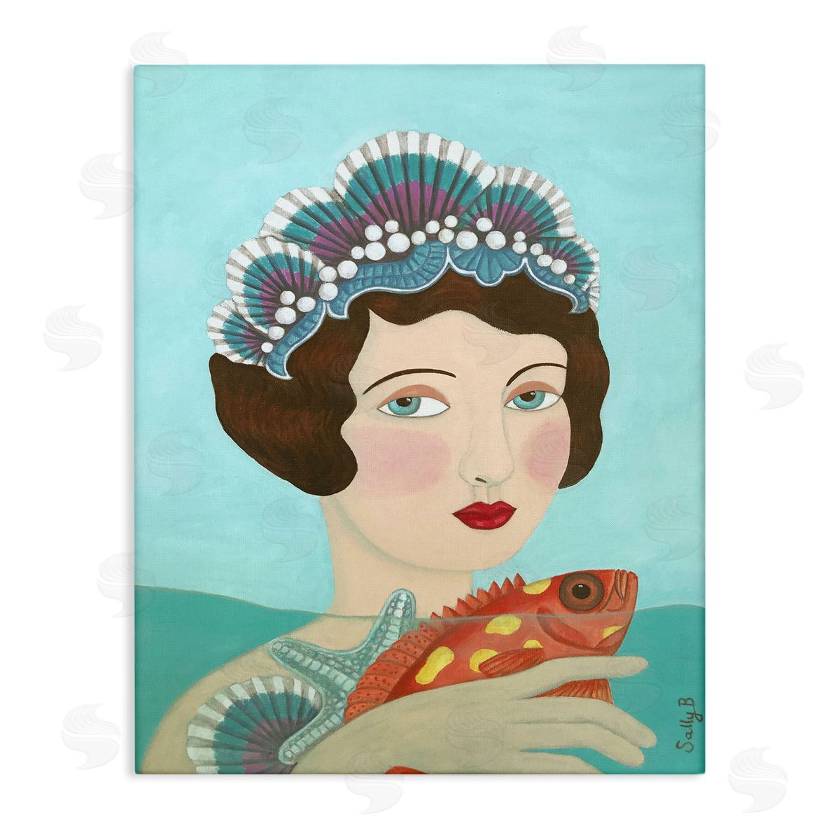 Woman And Fish Painting Canvas Wall Art, Home Decor by Sally B