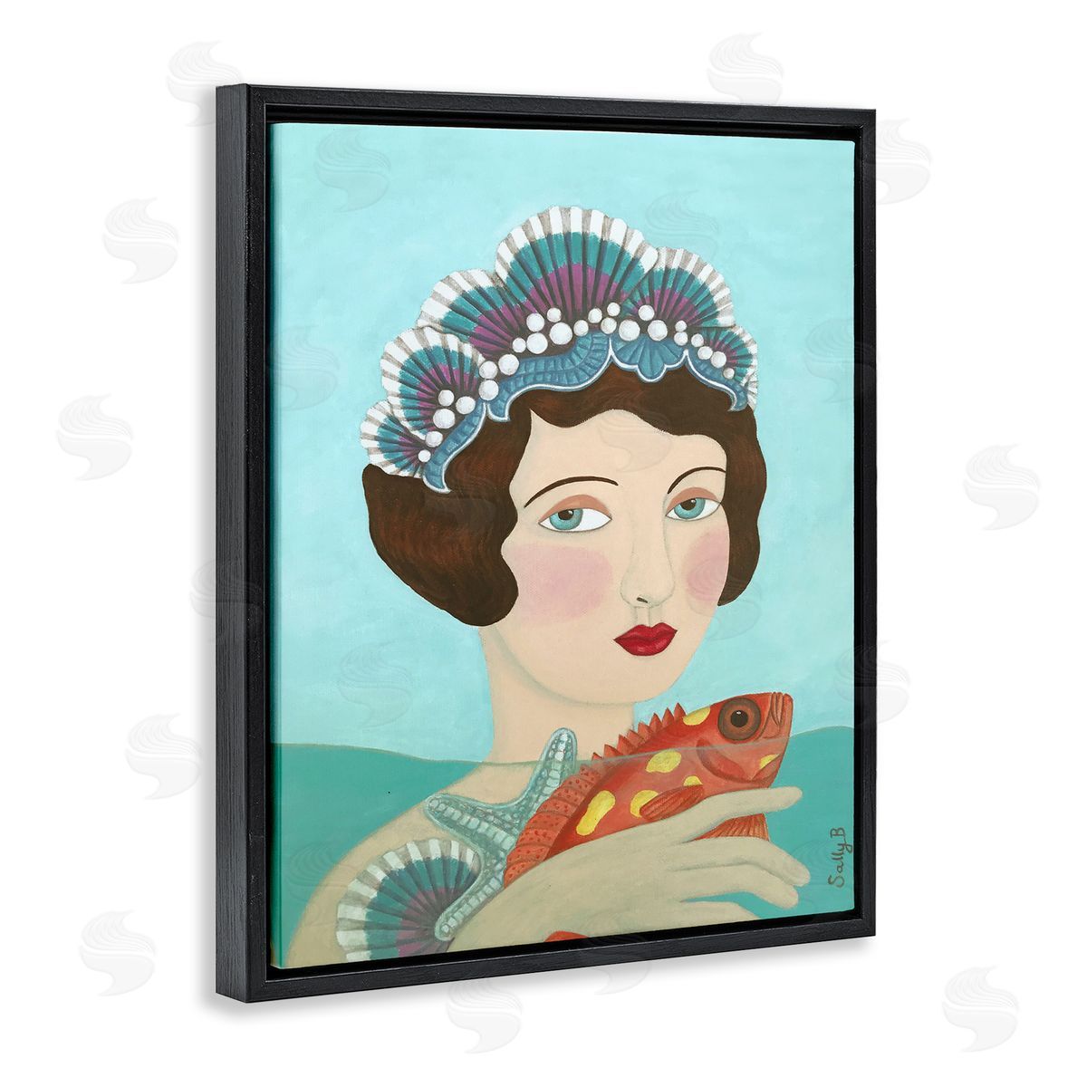 Woman And Fish Painting Black Floating Frame Canvas Wall Art, Home Decor by Sally B