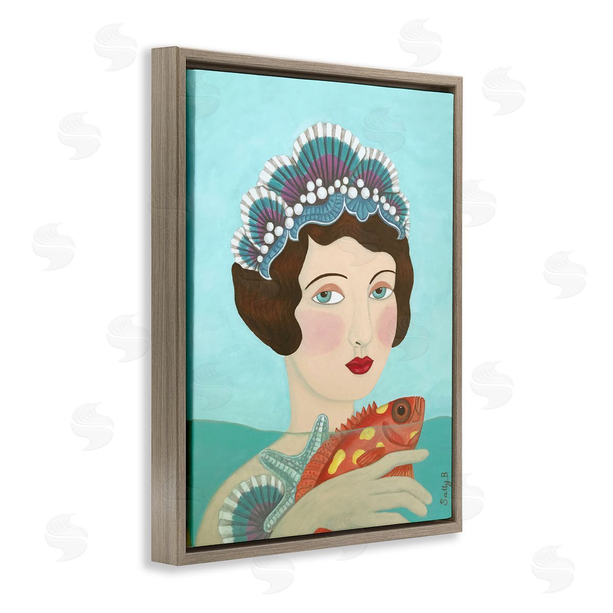 Woman And Fish Painting Brown Floating Frame Canvas Wall Art, Home Decor by Sally B