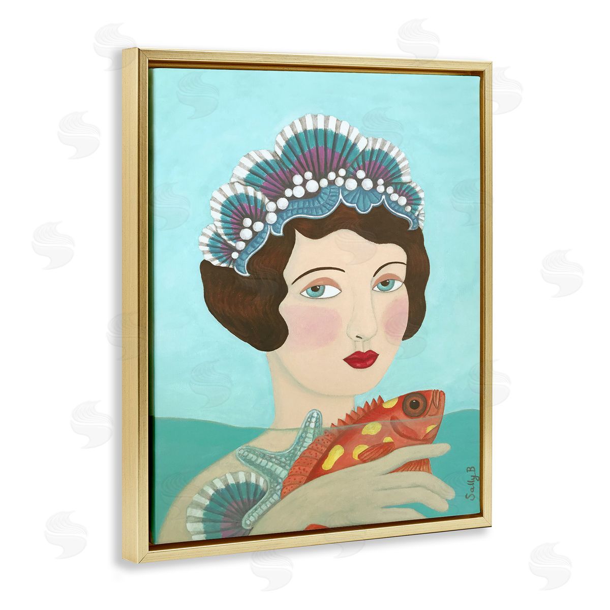 Woman And Fish Painting Gold Floating Frame Canvas Wall Art, Home Decor by Sally B