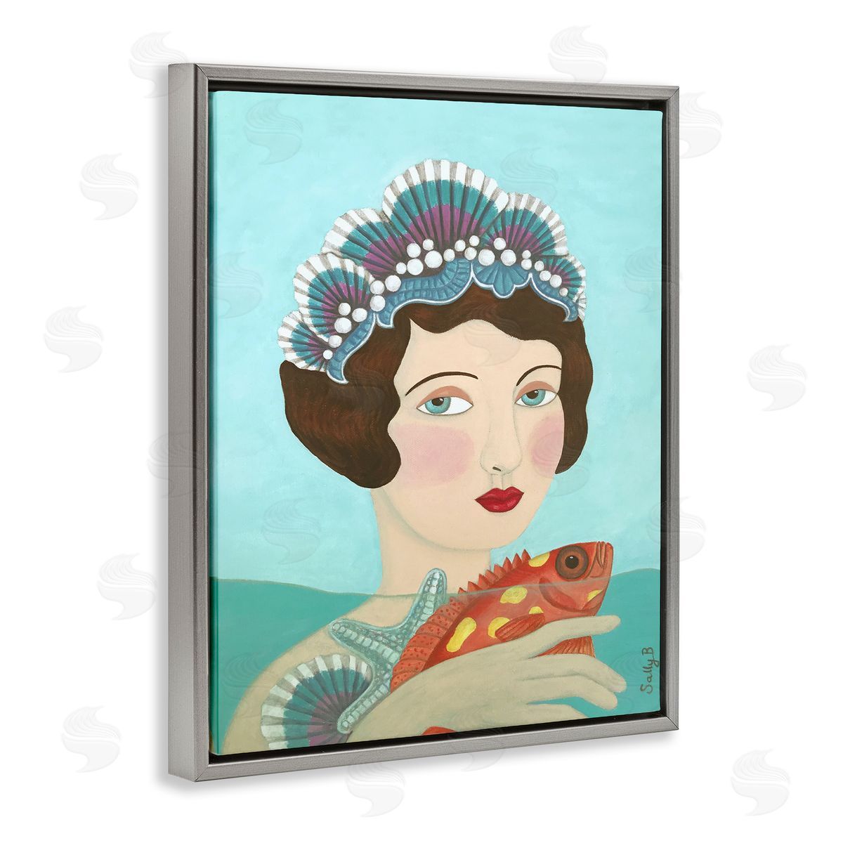 Woman And Fish Painting Grey Floating Frame Canvas Wall Art, Home Decor by Sally B