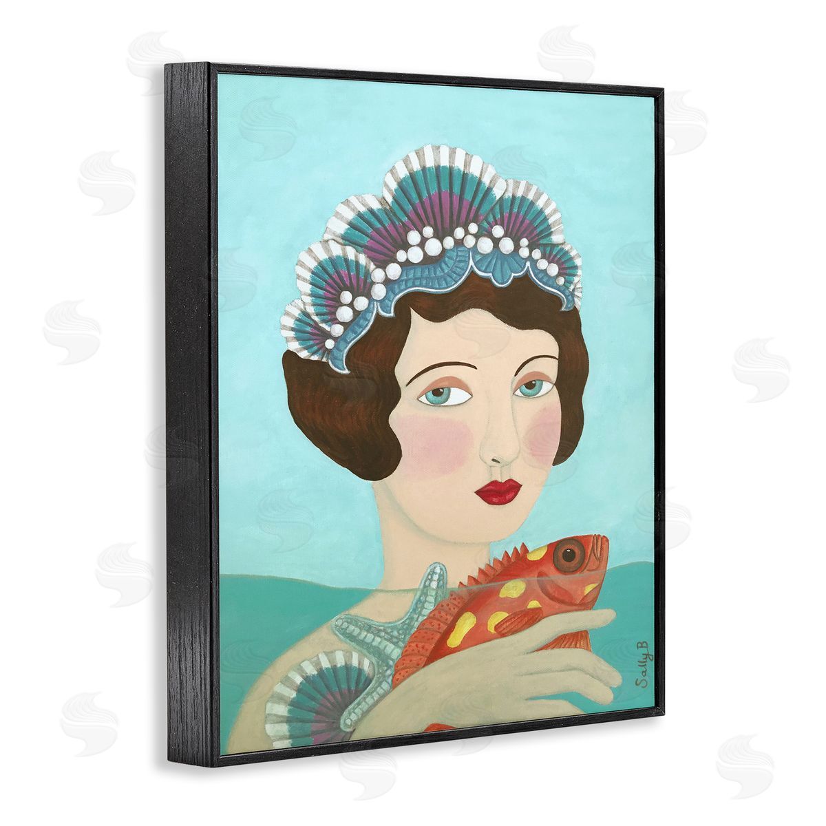 Woman And Fish Painting Black Frame Print Wall Art, Home Decor by Sally B