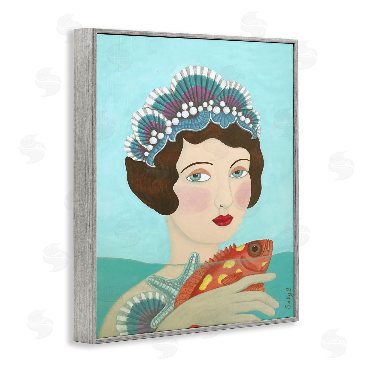 Woman And Fish Painting Grey Frame Print Wall Art, Home Decor by Sally B