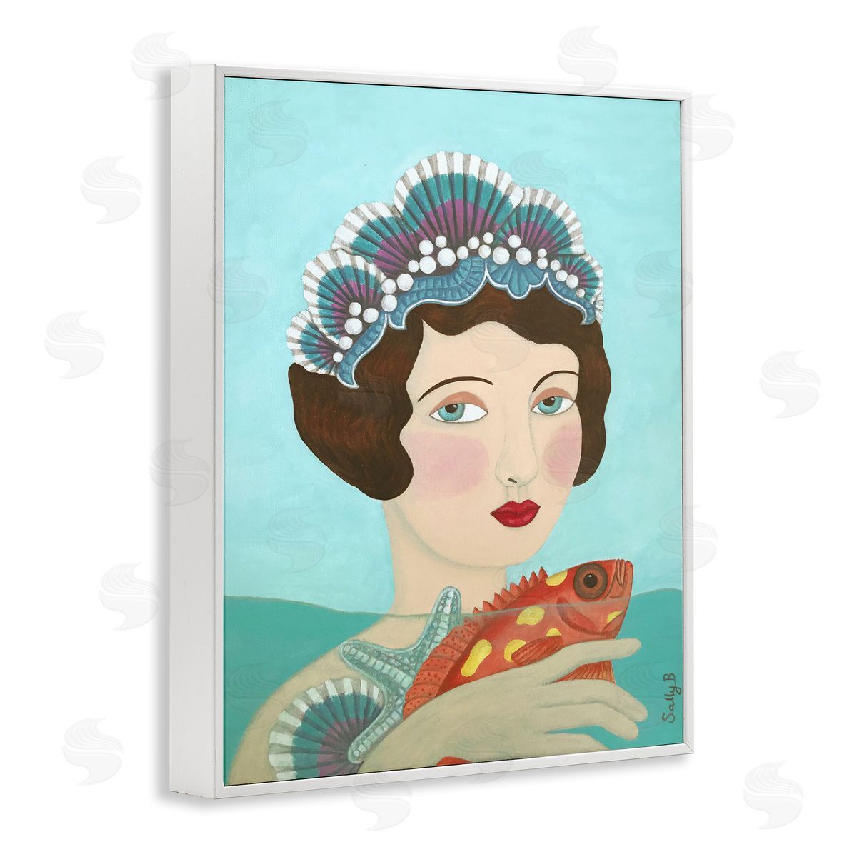 Woman And Fish Painting White Frame Print Wall Art, Home Decor by Sally B