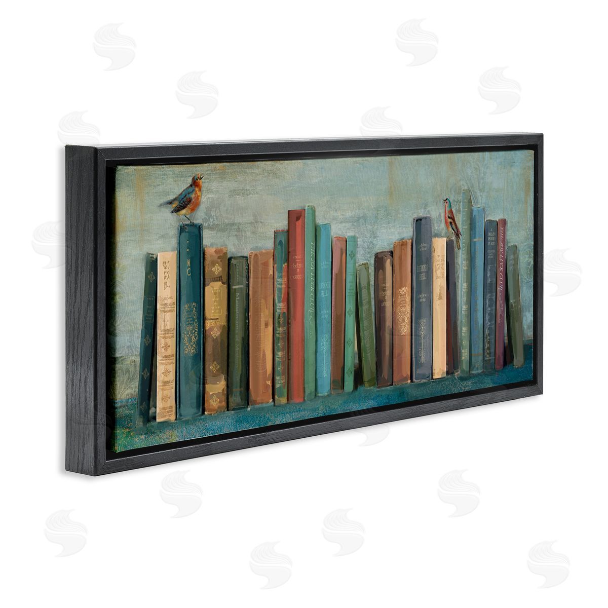 Books And Birds Bookshelf Black Floating Frame Canvas Wall Art, Home Decor by Main Line Studio