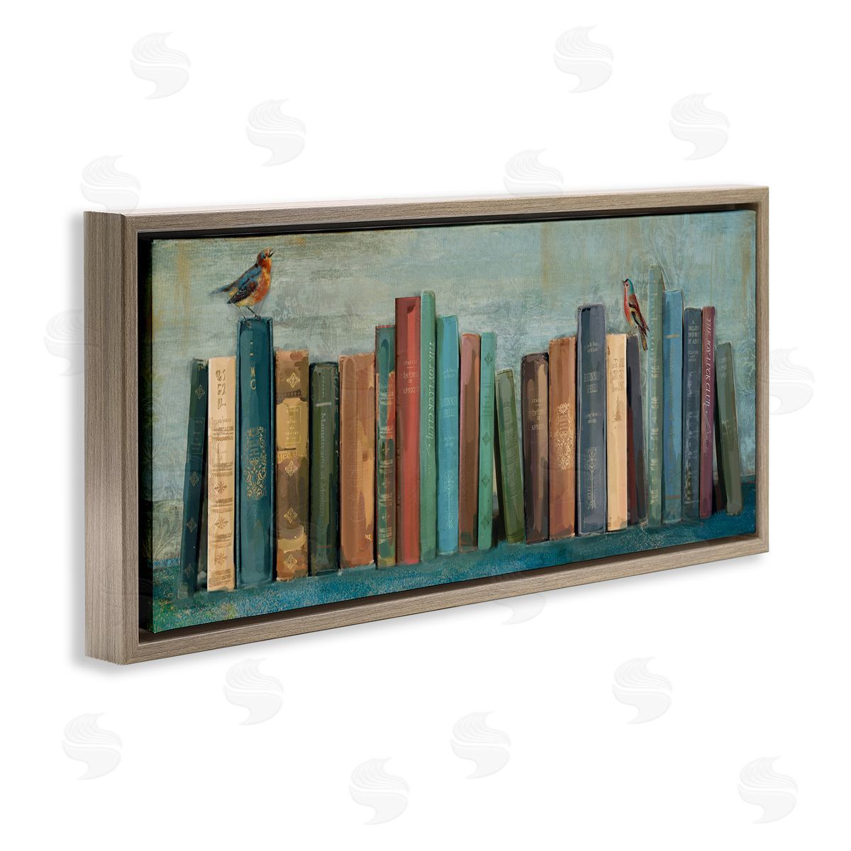 Books And Birds Bookshelf Brown Floating Frame Canvas Wall Art, Home Decor by Main Line Studio