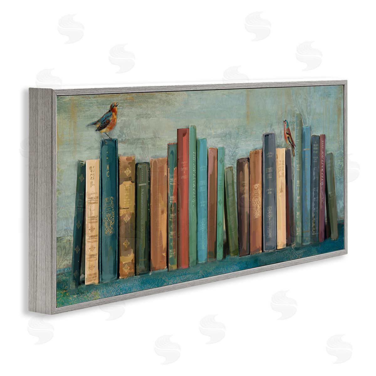Books And Birds Bookshelf Grey Frame Print Wall Art, Home Decor by Main Line Studio