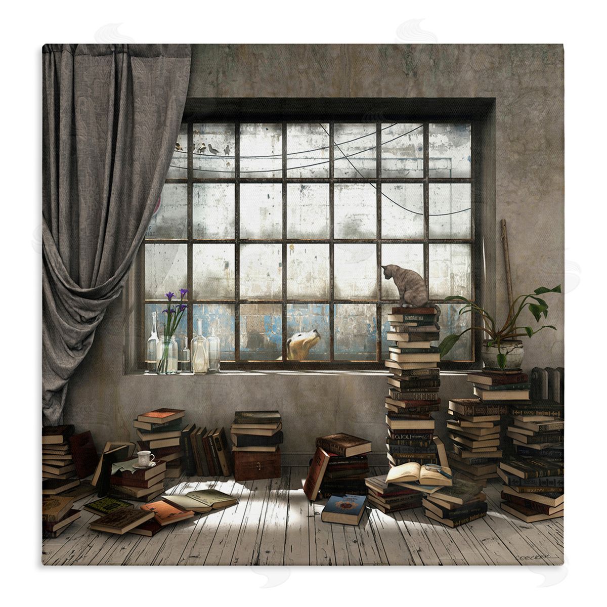 Cozy Bookstack Cat in Study Canvas Wall Art, Home Decor by Cynthia Decker