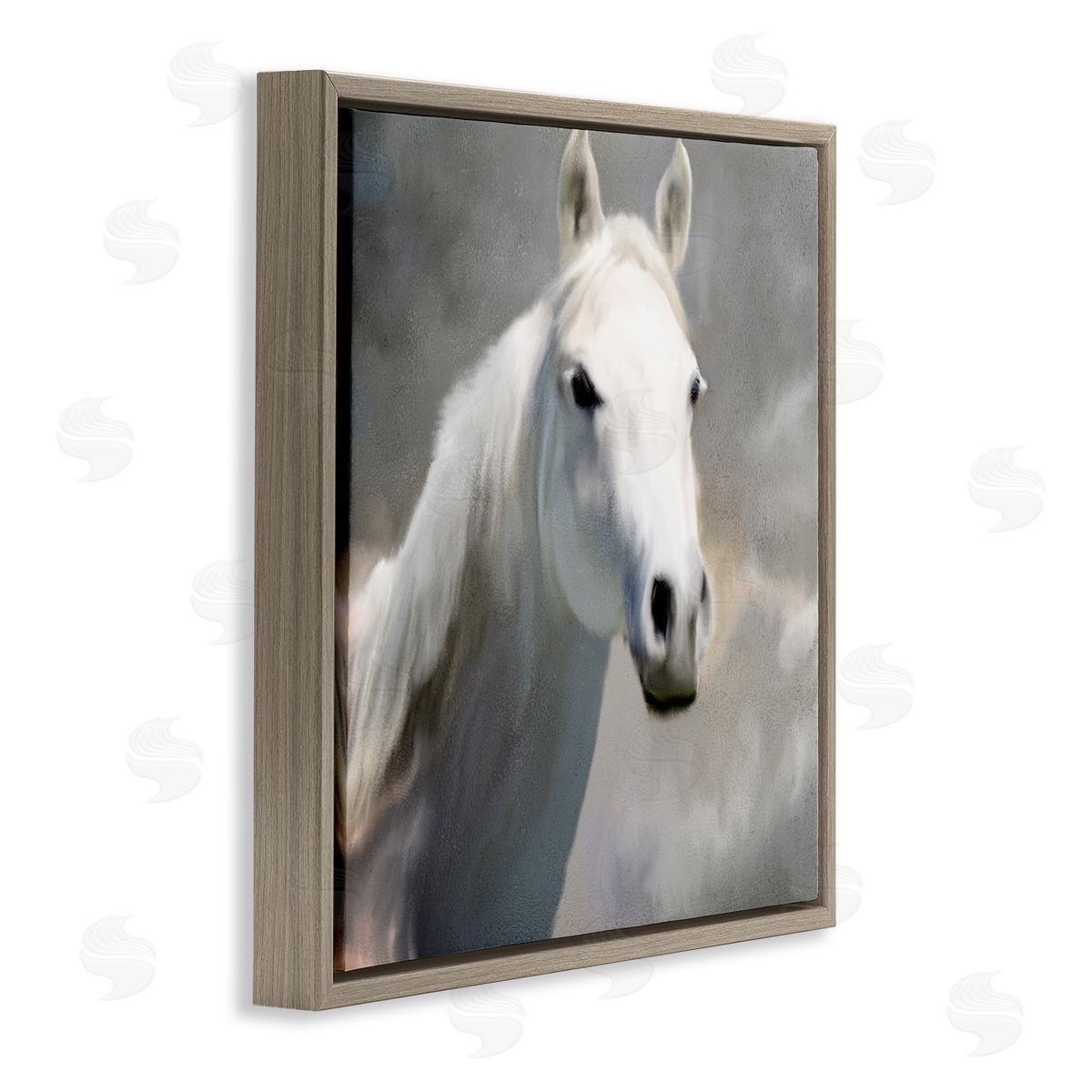 White Horse Portrait Painting Brown Floating Frame Canvas Wall Art, Home Decor by Kim Allen