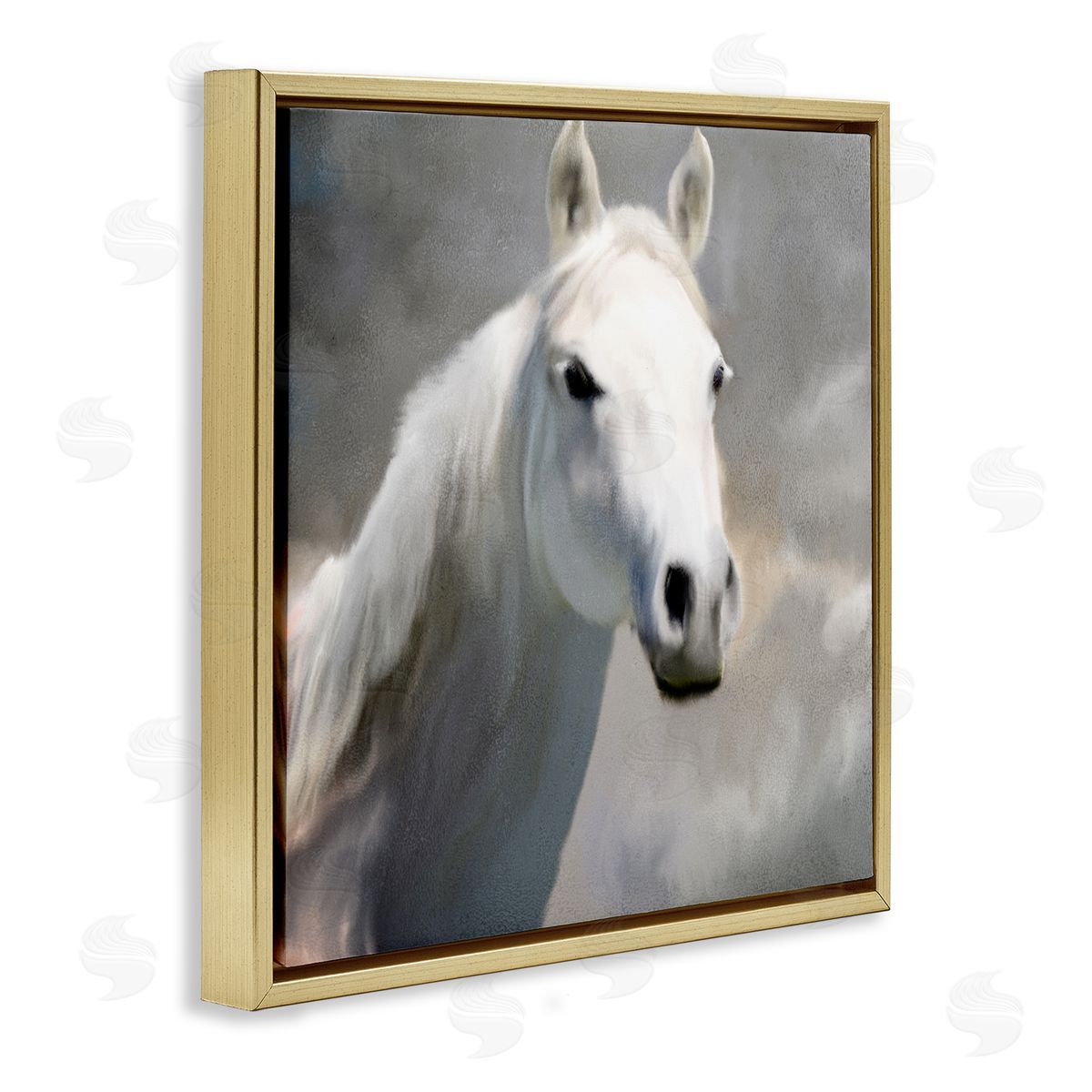 White Horse Portrait Painting Gold Floating Frame Canvas Wall Art, Home Decor by Kim Allen