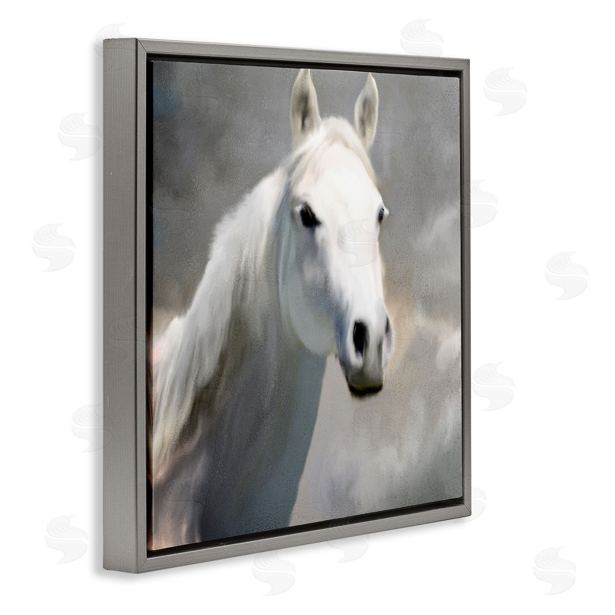 White Horse Portrait Painting Grey Floating Frame Canvas Wall Art, Home Decor by Kim Allen