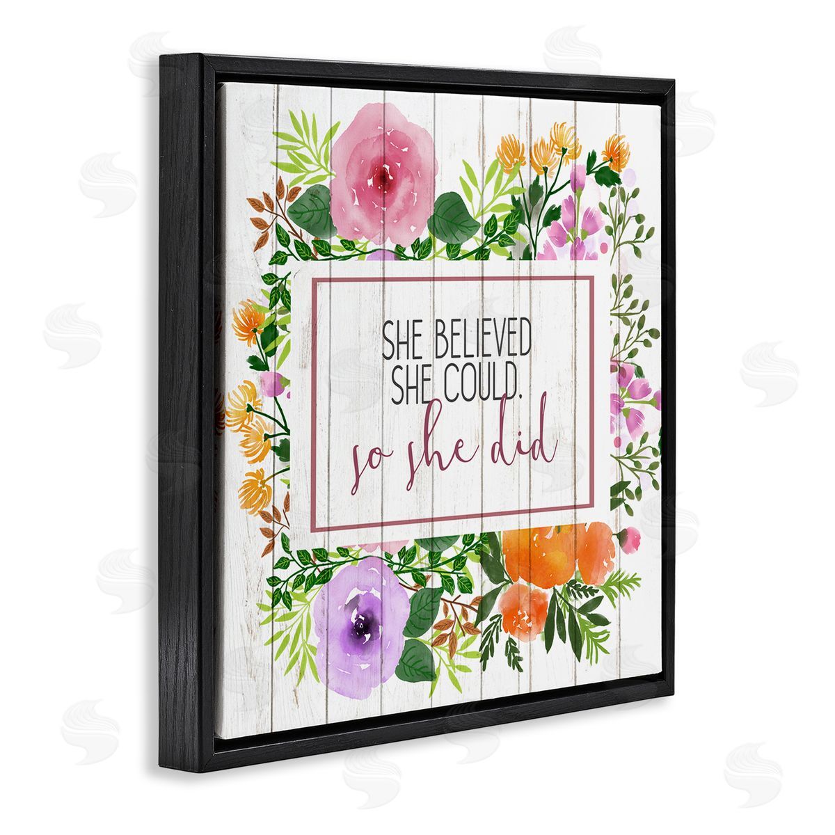 She Believed Flower Wreath Black Floating Frame Canvas Wall Art, Home Decor by Kim Allen