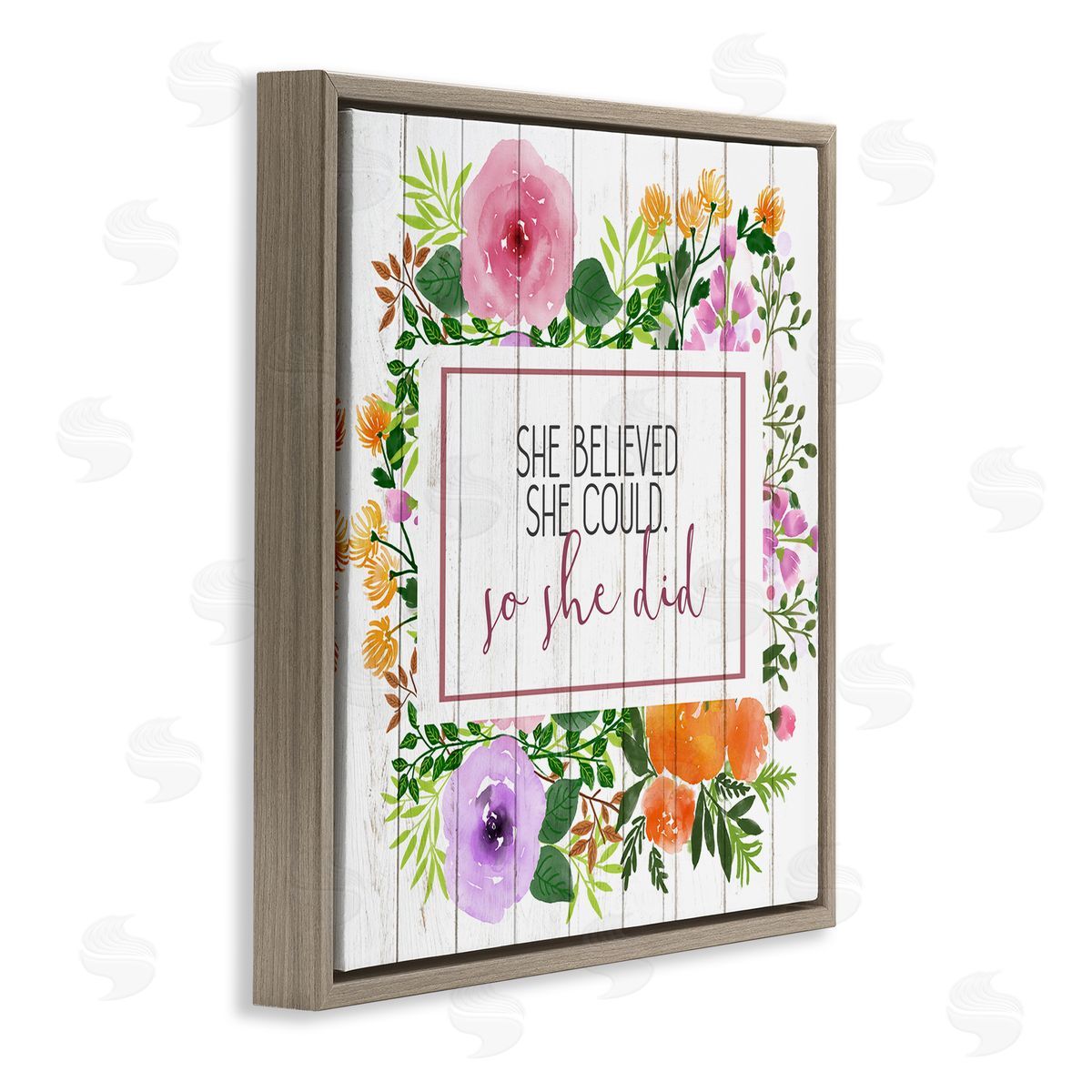 She Believed Flower Wreath Brown Floating Frame Canvas Wall Art, Home Decor by Kim Allen