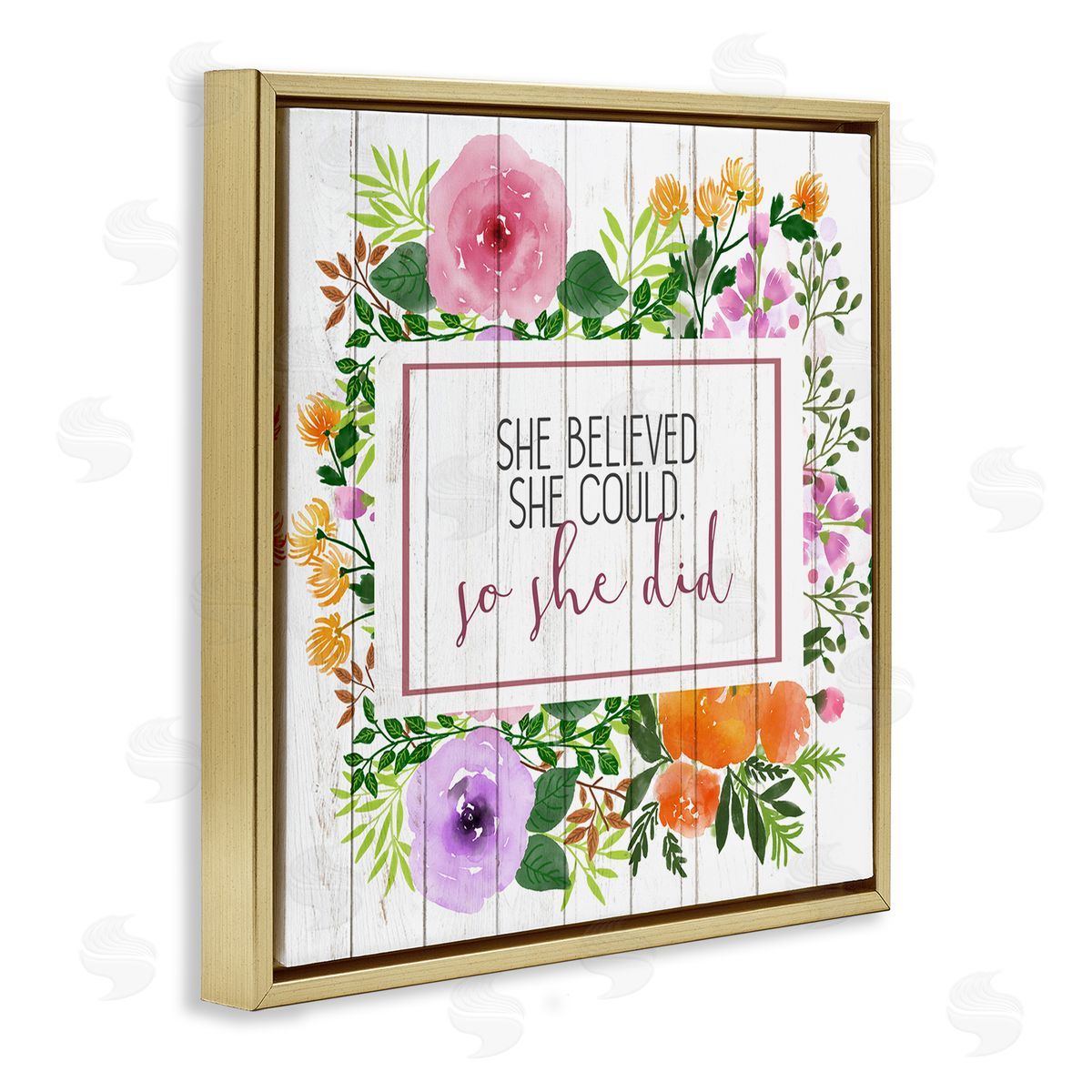 She Believed Flower Wreath Gold Floating Frame Canvas Wall Art, Home Decor by Kim Allen