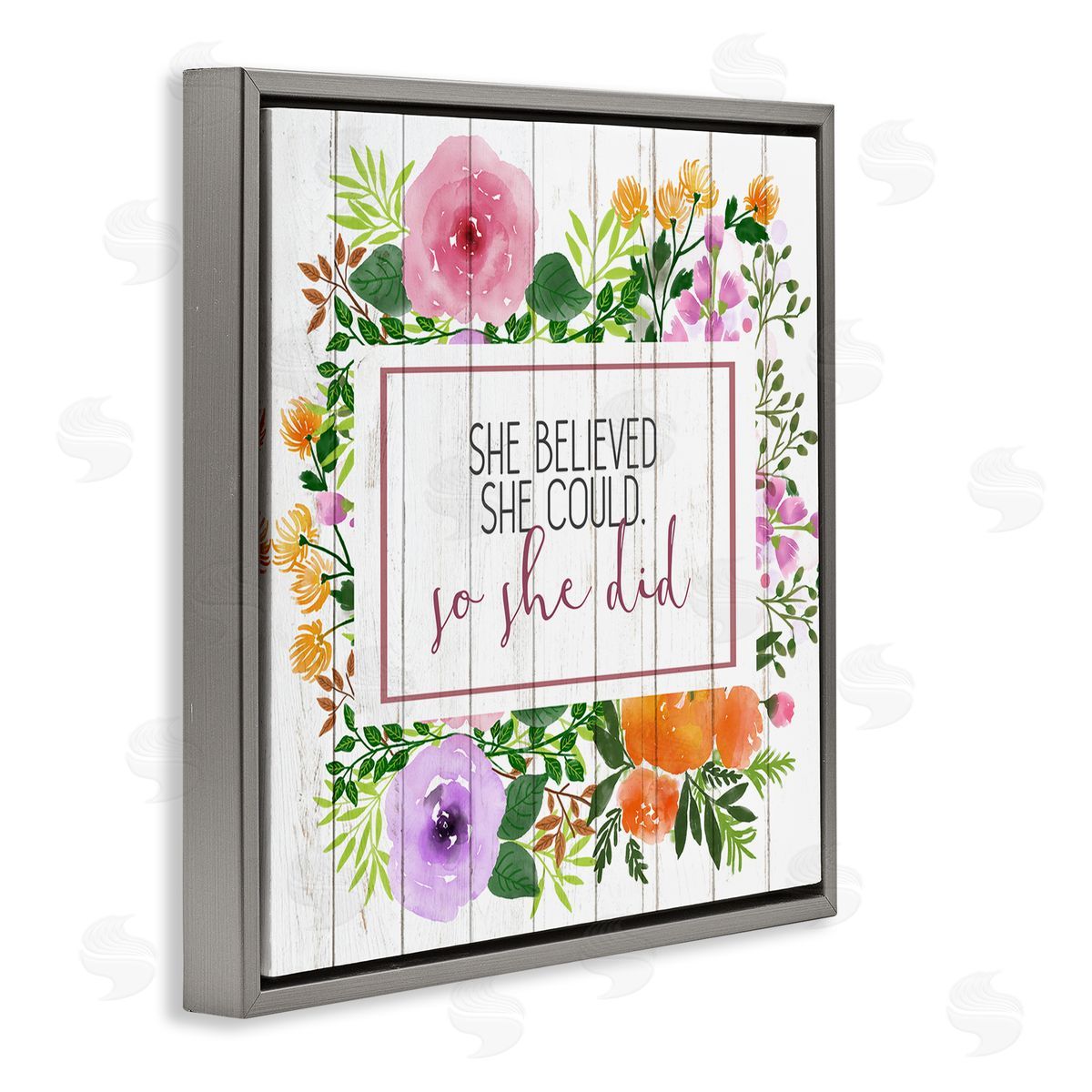 She Believed Flower Wreath Grey Floating Frame Canvas Wall Art, Home Decor by Kim Allen