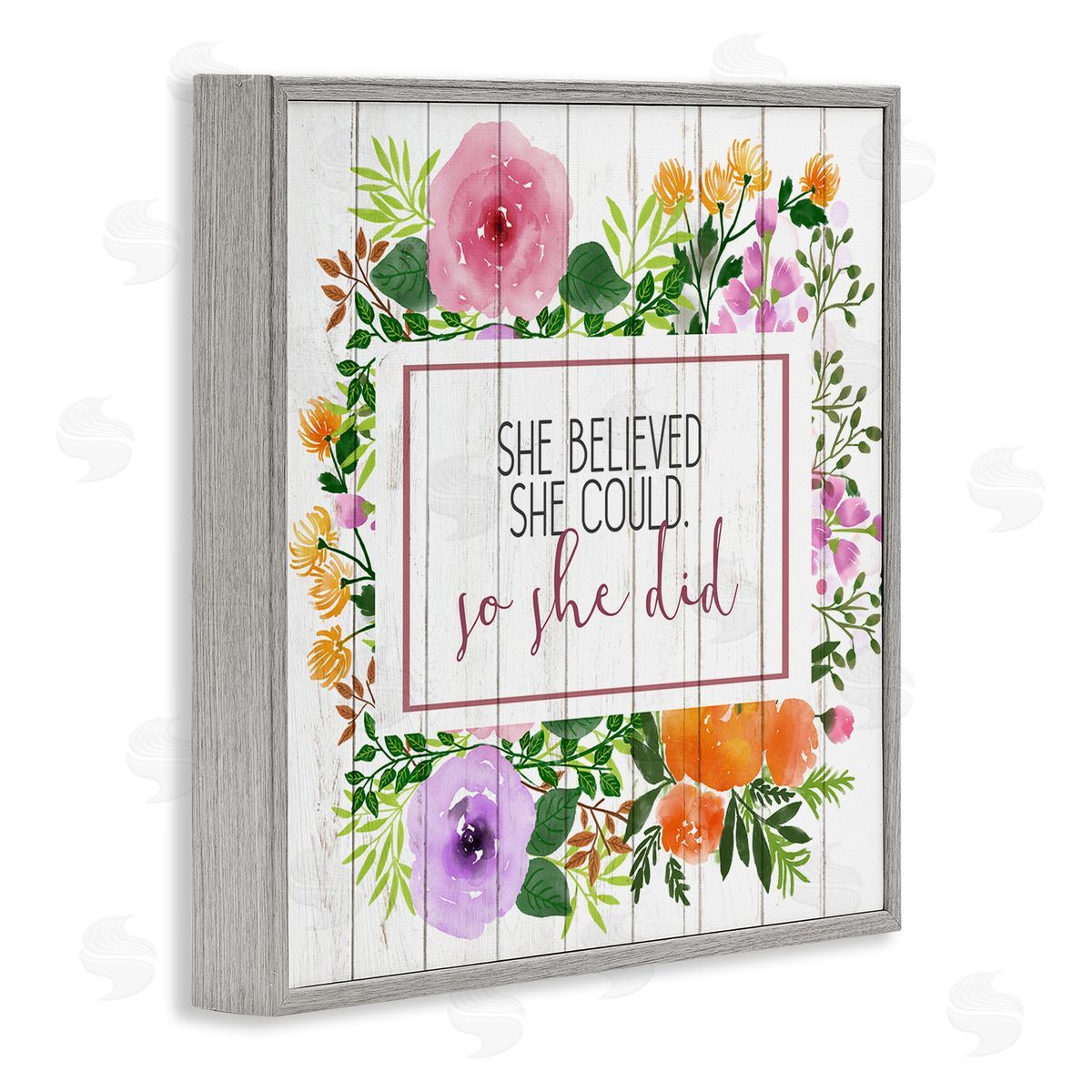 She Believed Flower Wreath Grey Frame Print Wall Art, Home Decor by Kim Allen