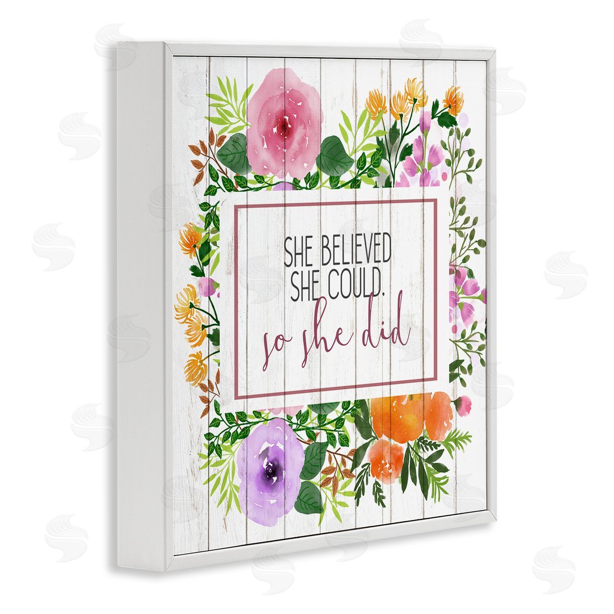 She Believed Flower Wreath White Frame Print Wall Art, Home Decor by Kim Allen