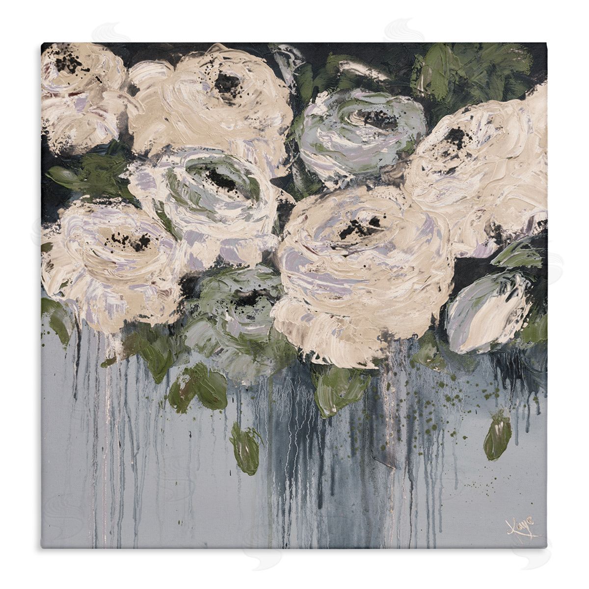Dripping Flowers Grey Painting Canvas Wall Art, Home Decor by Kaye Lake