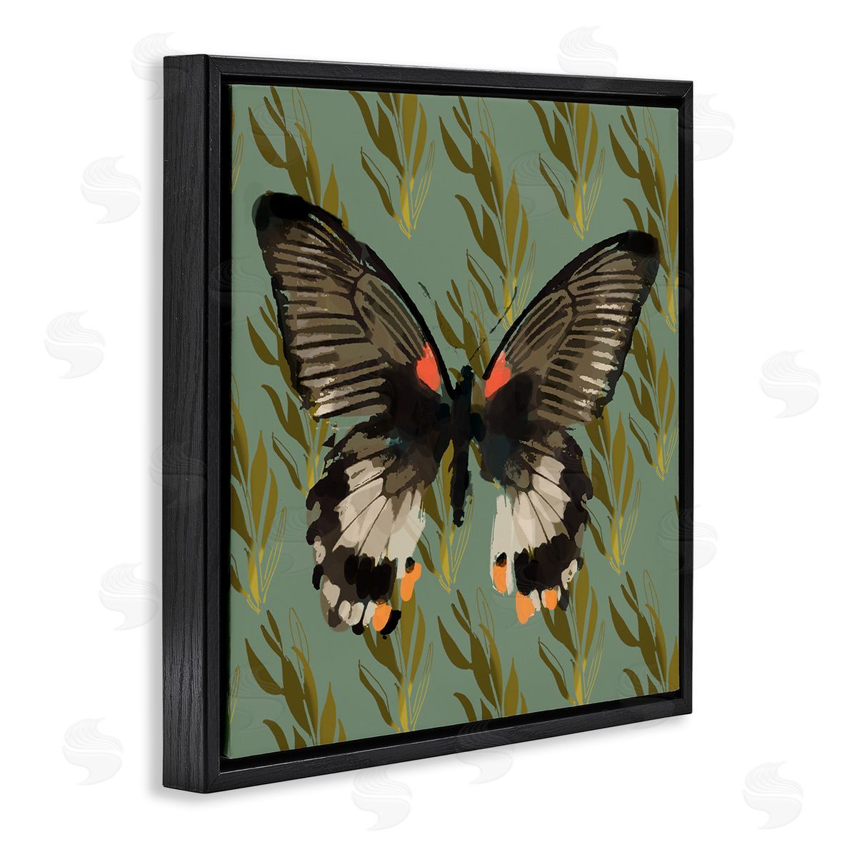 Butterfly On Gold Pattern Black Floating Frame Canvas Wall Art, Home Decor by Karen Dreyfus