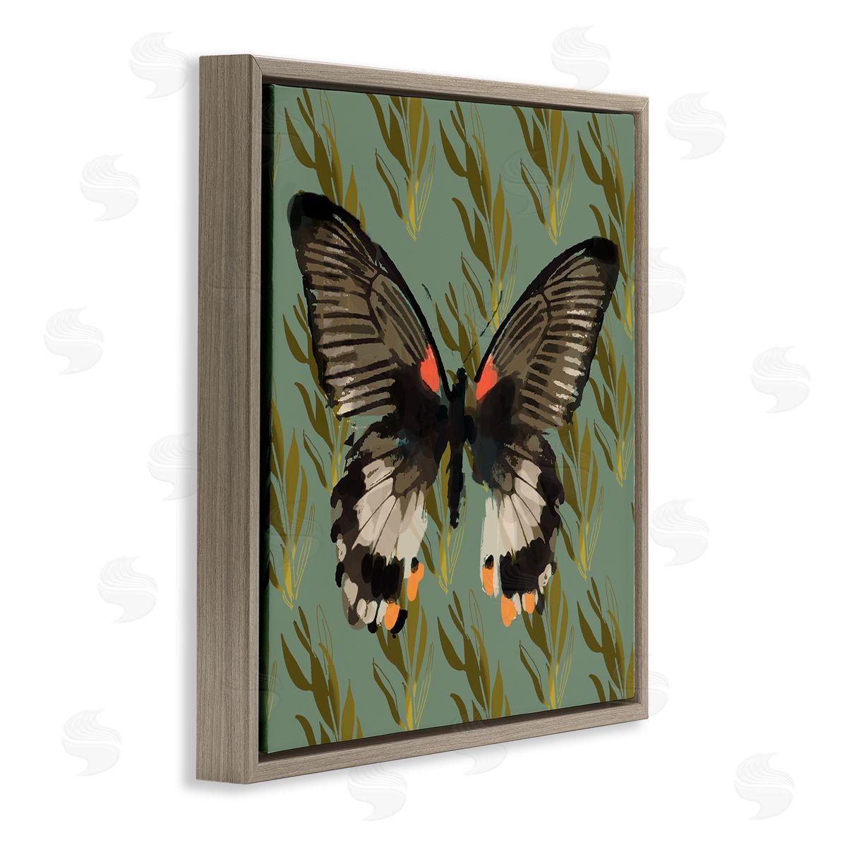 Butterfly On Gold Pattern Brown Floating Frame Canvas Wall Art, Home Decor by Karen Dreyfus