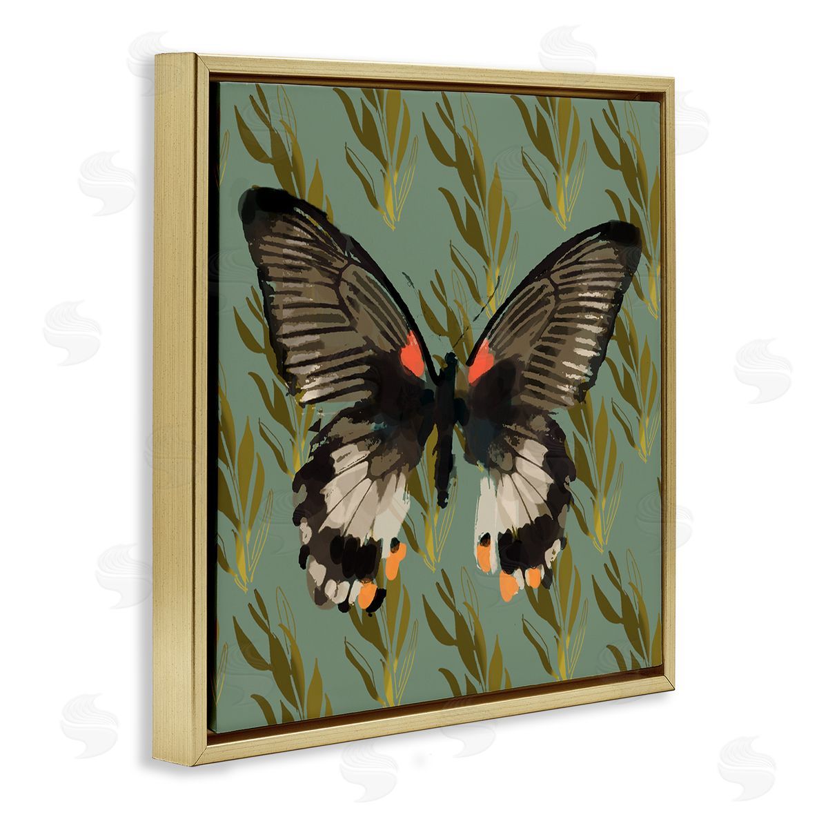 Butterfly On Gold Pattern Gold Floating Frame Canvas Wall Art, Home Decor by Karen Dreyfus