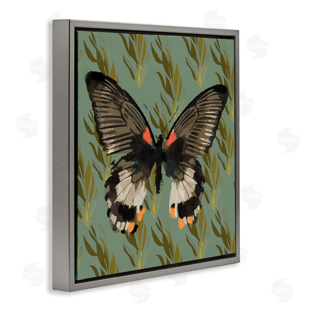 Butterfly On Gold Pattern Grey Floating Frame Canvas Wall Art, Home Decor by Karen Dreyfus