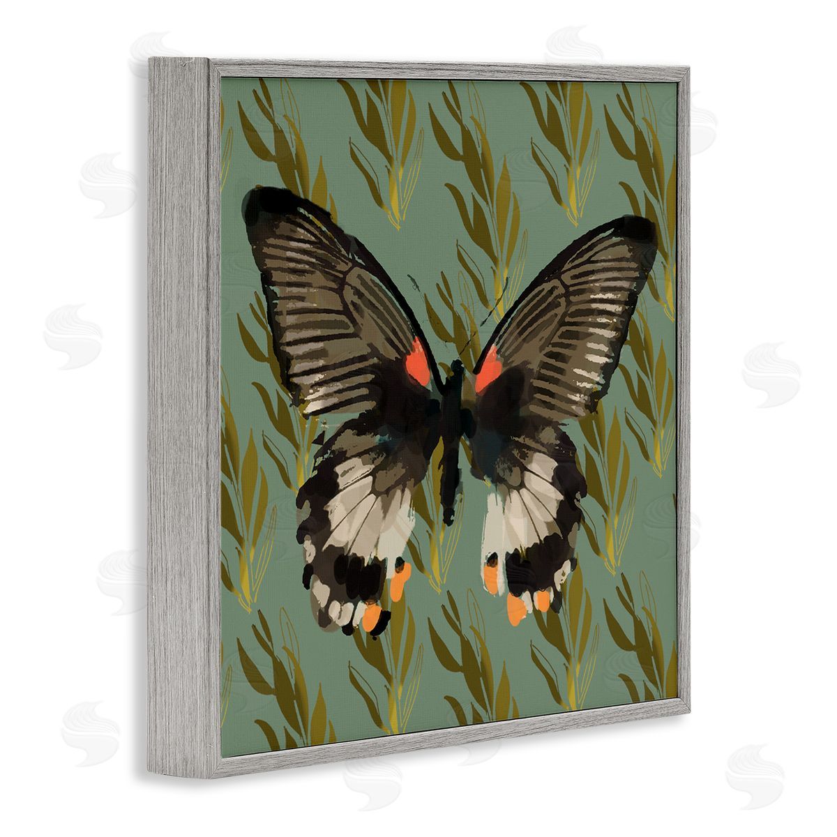 Butterfly On Gold Pattern Grey Frame Print Wall Art, Home Decor by Karen Dreyfus