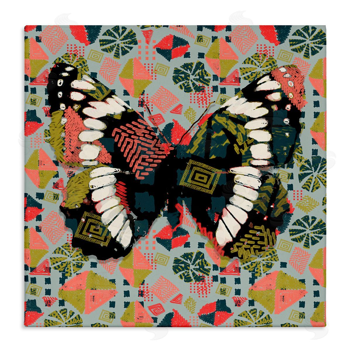 Butterfly On Pink Blue Pattern Canvas Wall Art, Home Decor by Karen Dreyfus