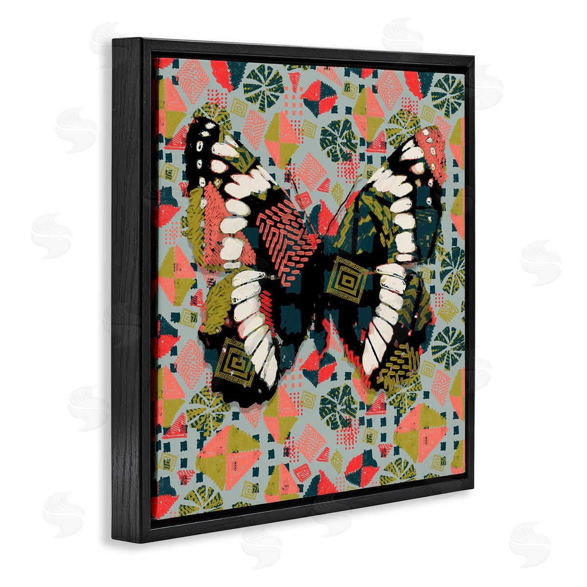 Butterfly On Pink Blue Pattern Black Floating Frame Canvas Wall Art, Home Decor by Karen Dreyfus