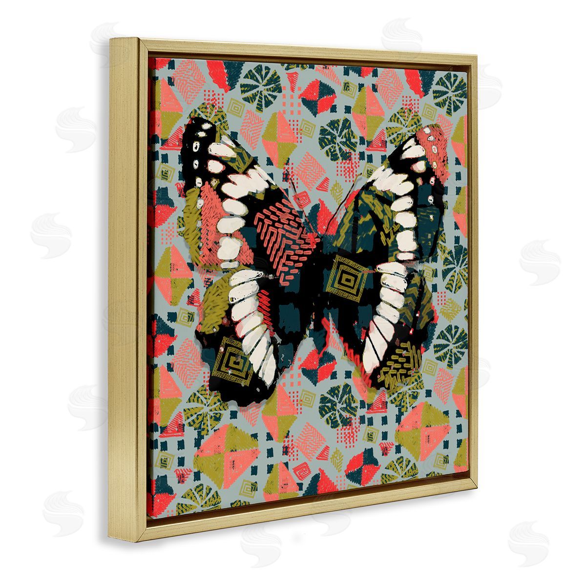 Butterfly On Pink Blue Pattern Gold Floating Frame Canvas Wall Art, Home Decor by Karen Dreyfus