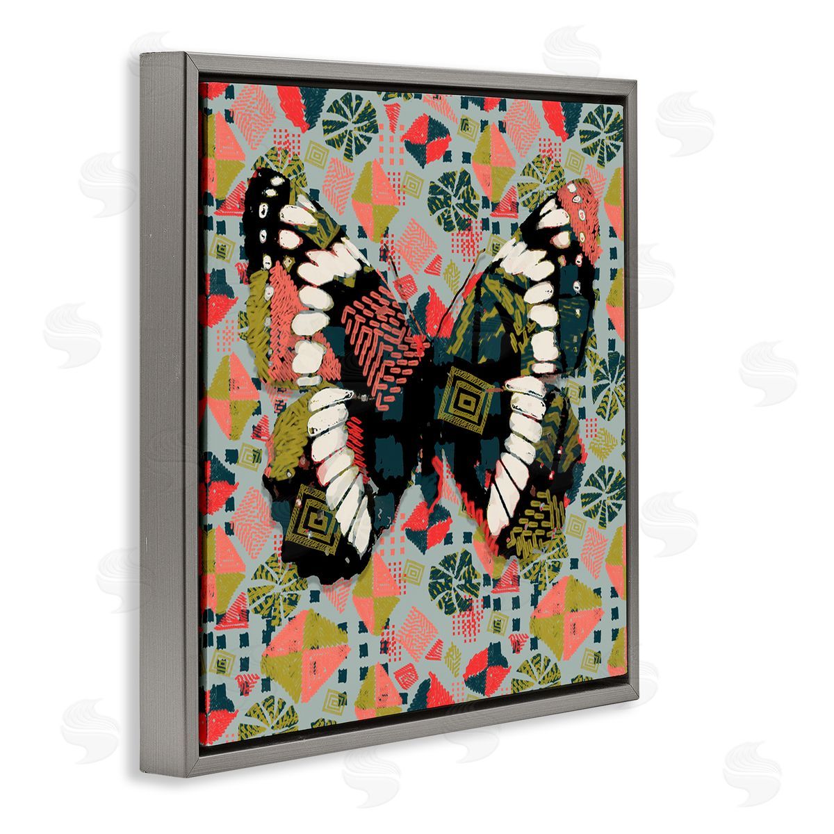 Butterfly On Pink Blue Pattern Grey Floating Frame Canvas Wall Art, Home Decor by Karen Dreyfus