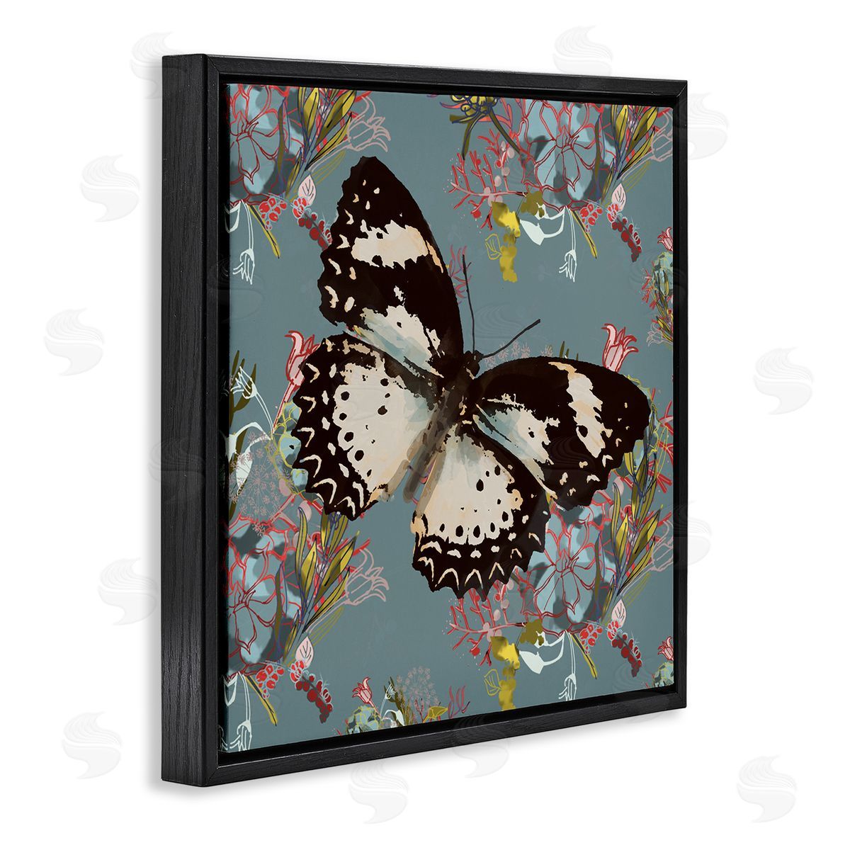 Butterfly On Blue Pink Pattern Black Floating Frame Canvas Wall Art, Home Decor by Karen Dreyfus