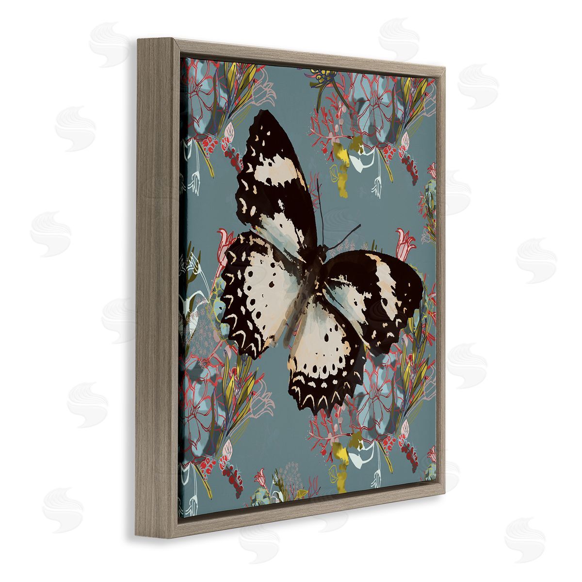 Butterfly On Blue Pink Pattern Brown Floating Frame Canvas Wall Art, Home Decor by Karen Dreyfus